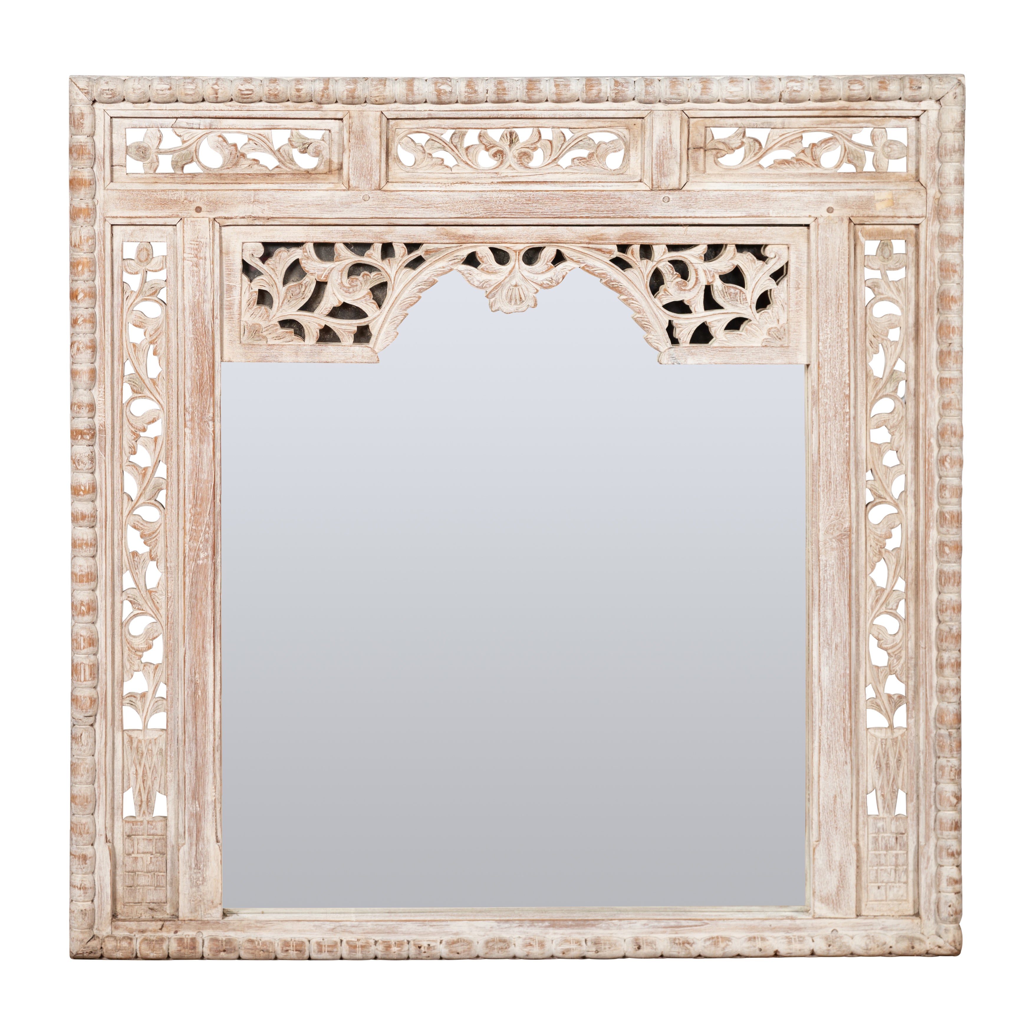 19th Century Painted Thai Mirror with Hand-Carved Scrolling Floral Décor