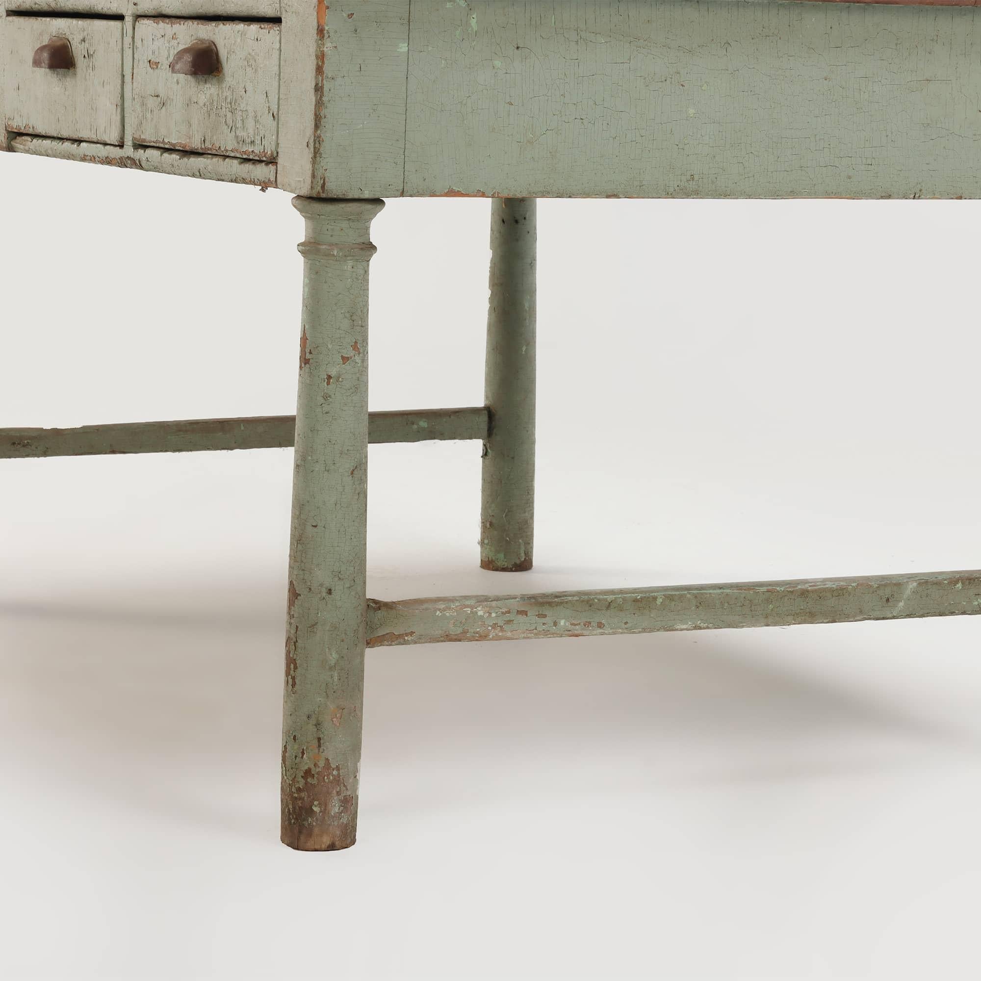 American 19th Century painted three drawer farm table having turned legs and natural top For Sale