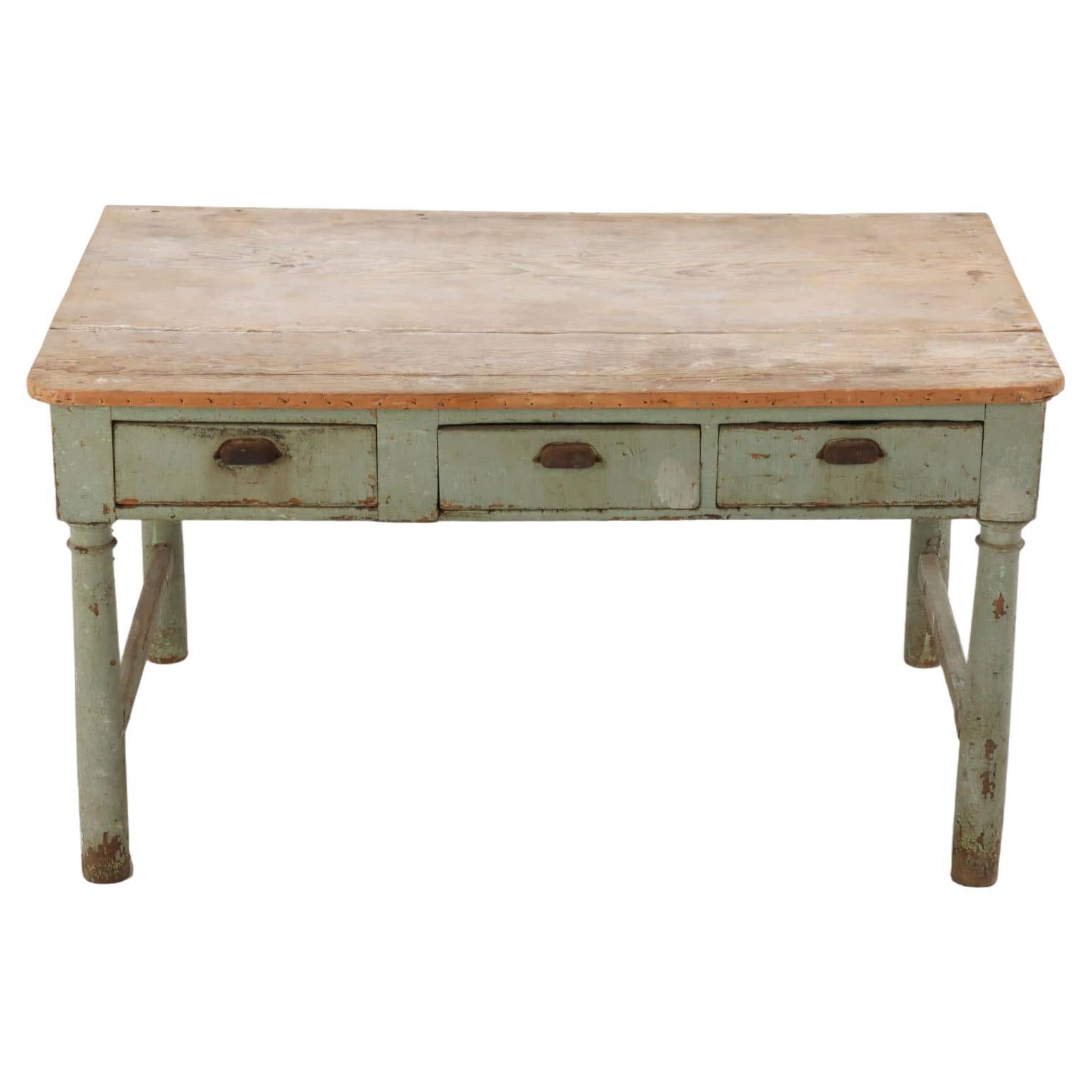 19th Century painted three drawer farm table having turned legs and natural top For Sale