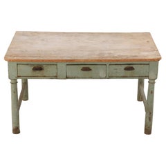 19th Century painted three drawer farm table having turned legs and natural top