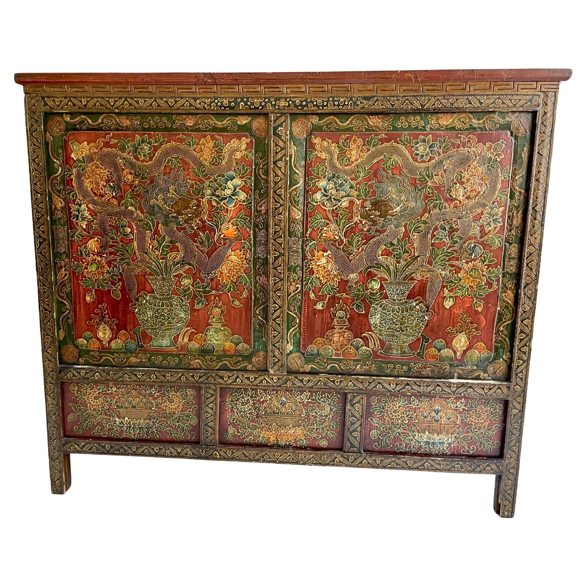 19th Century Painted Tibetan Cabinet For Sale