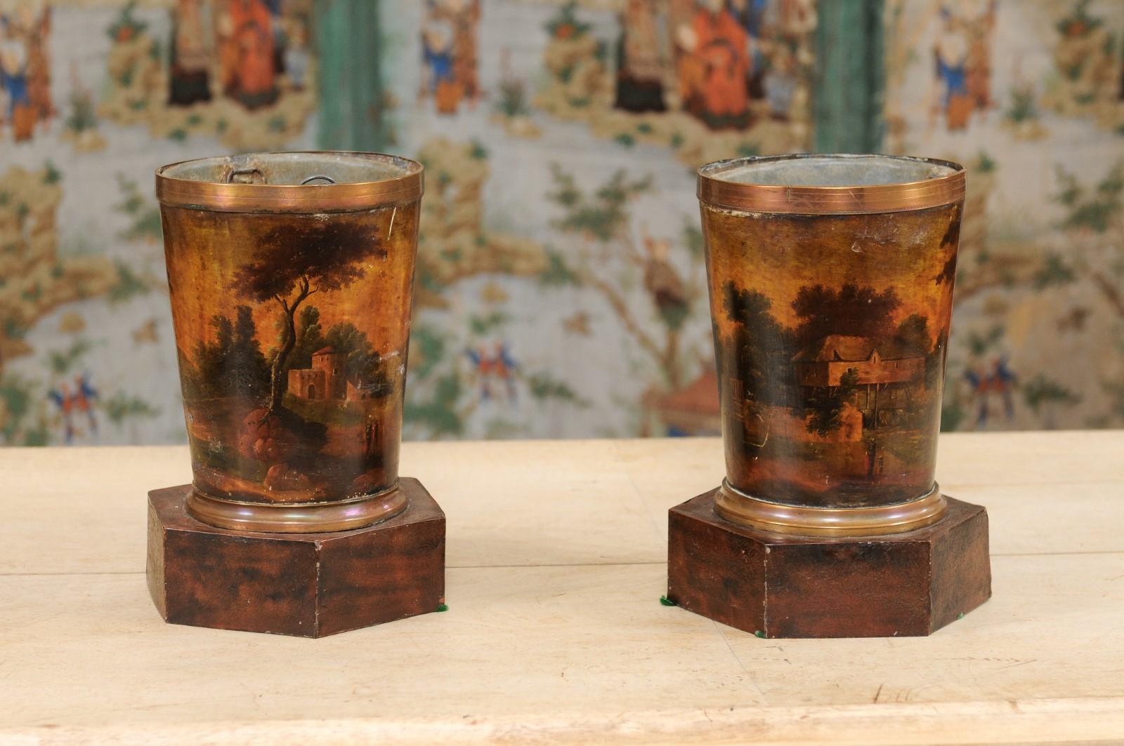 French  19th Century Painted Tole Cachepots with Landscape Scenes, 19th Century France