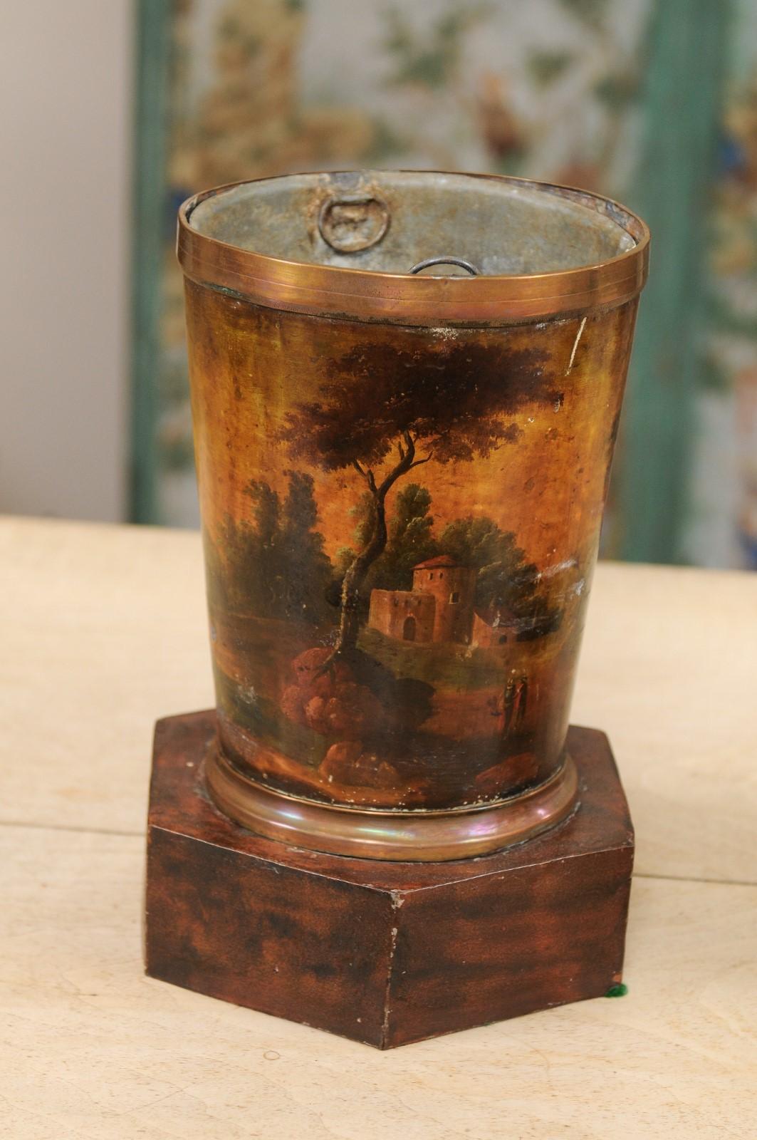 Metal  19th Century Painted Tole Cachepots with Landscape Scenes, 19th Century France