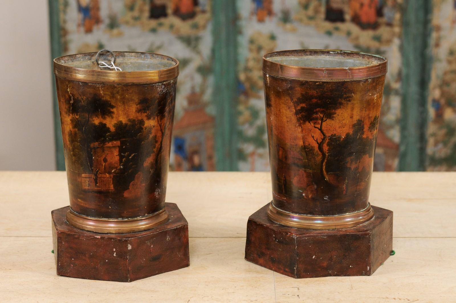  19th Century Painted Tole Cachepots with Landscape Scenes, 19th Century France 3