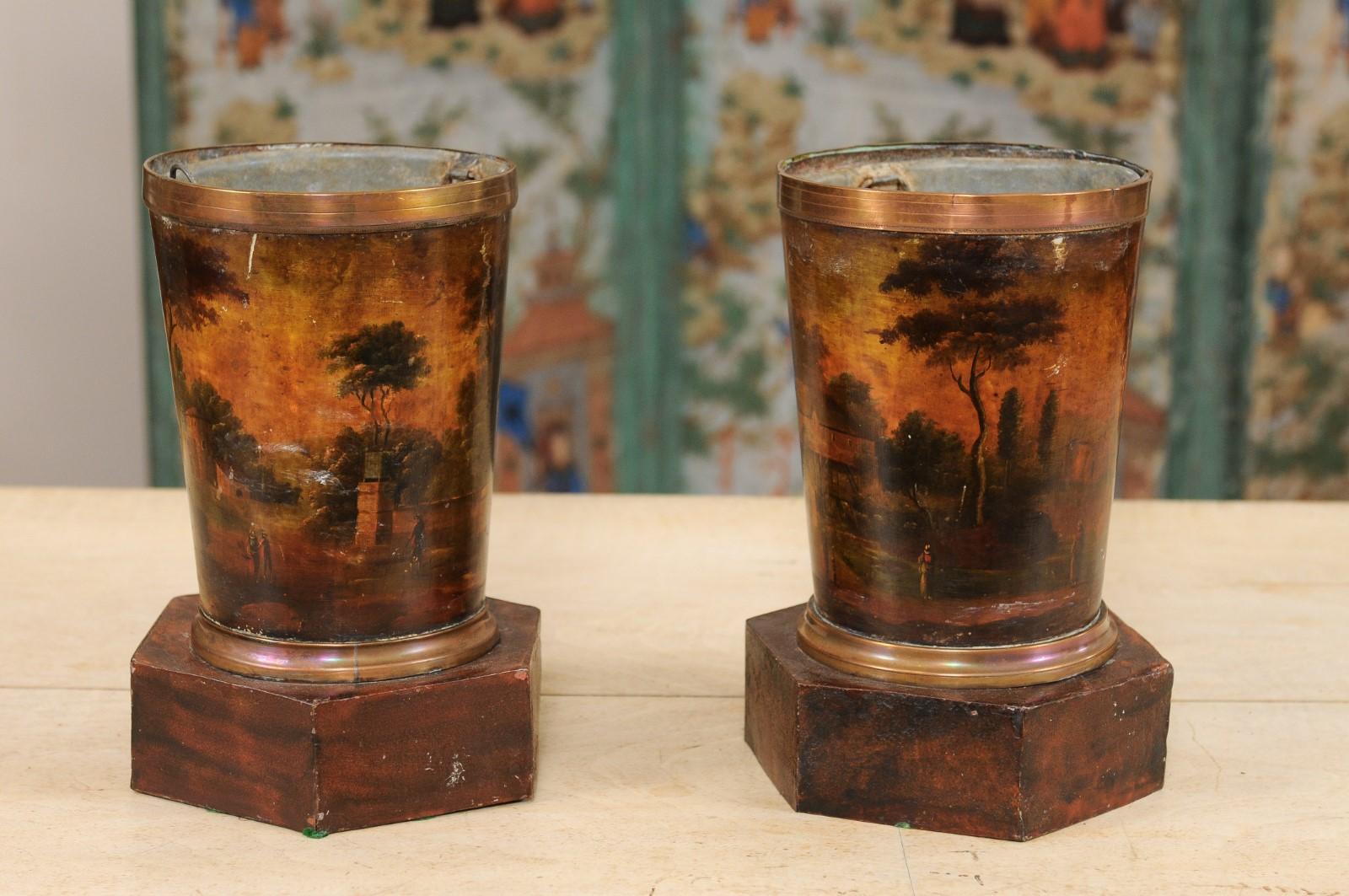  19th Century Painted Tole Cachepots with Landscape Scenes, 19th Century France 4