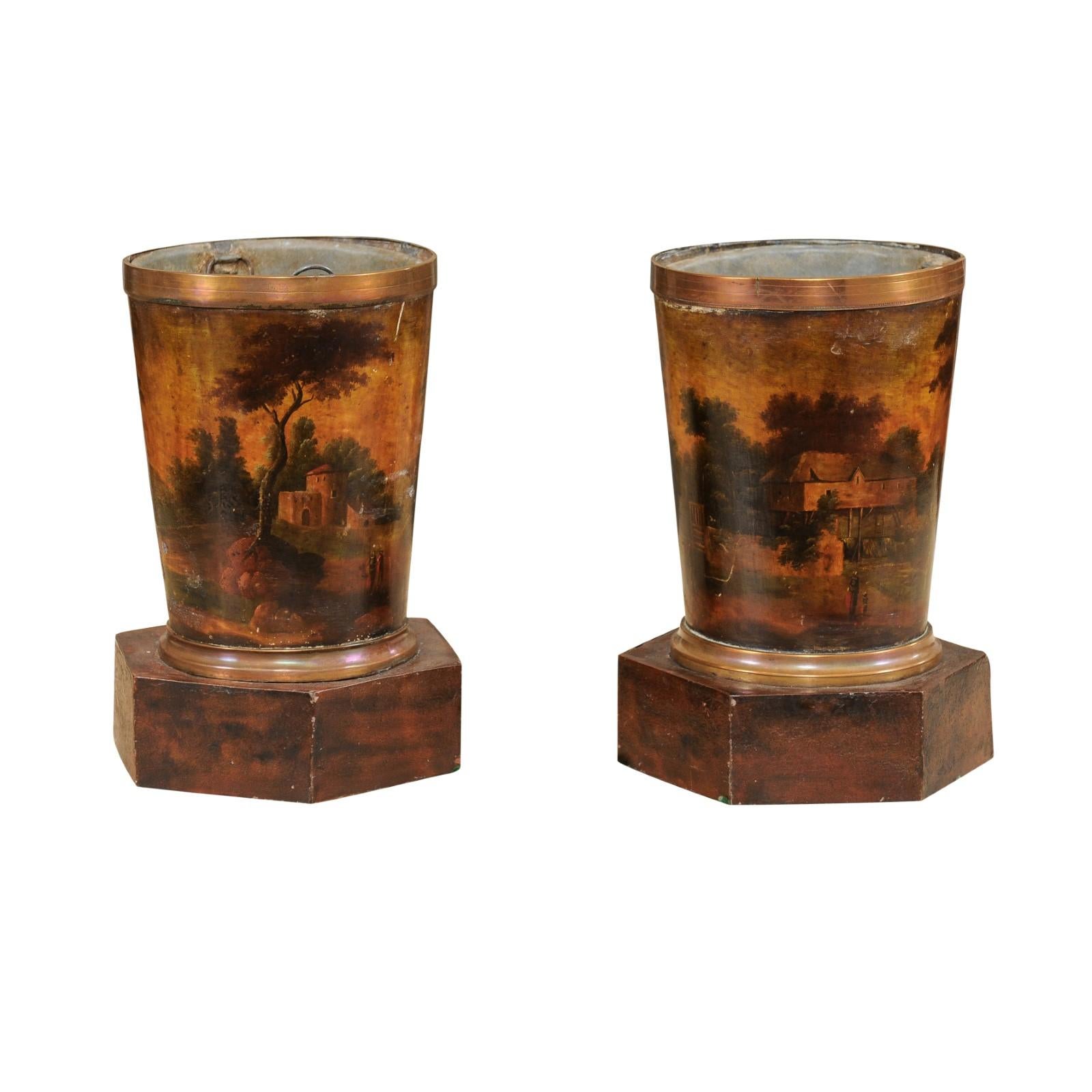  19th Century Painted Tole Cachepots with Landscape Scenes, 19th Century France