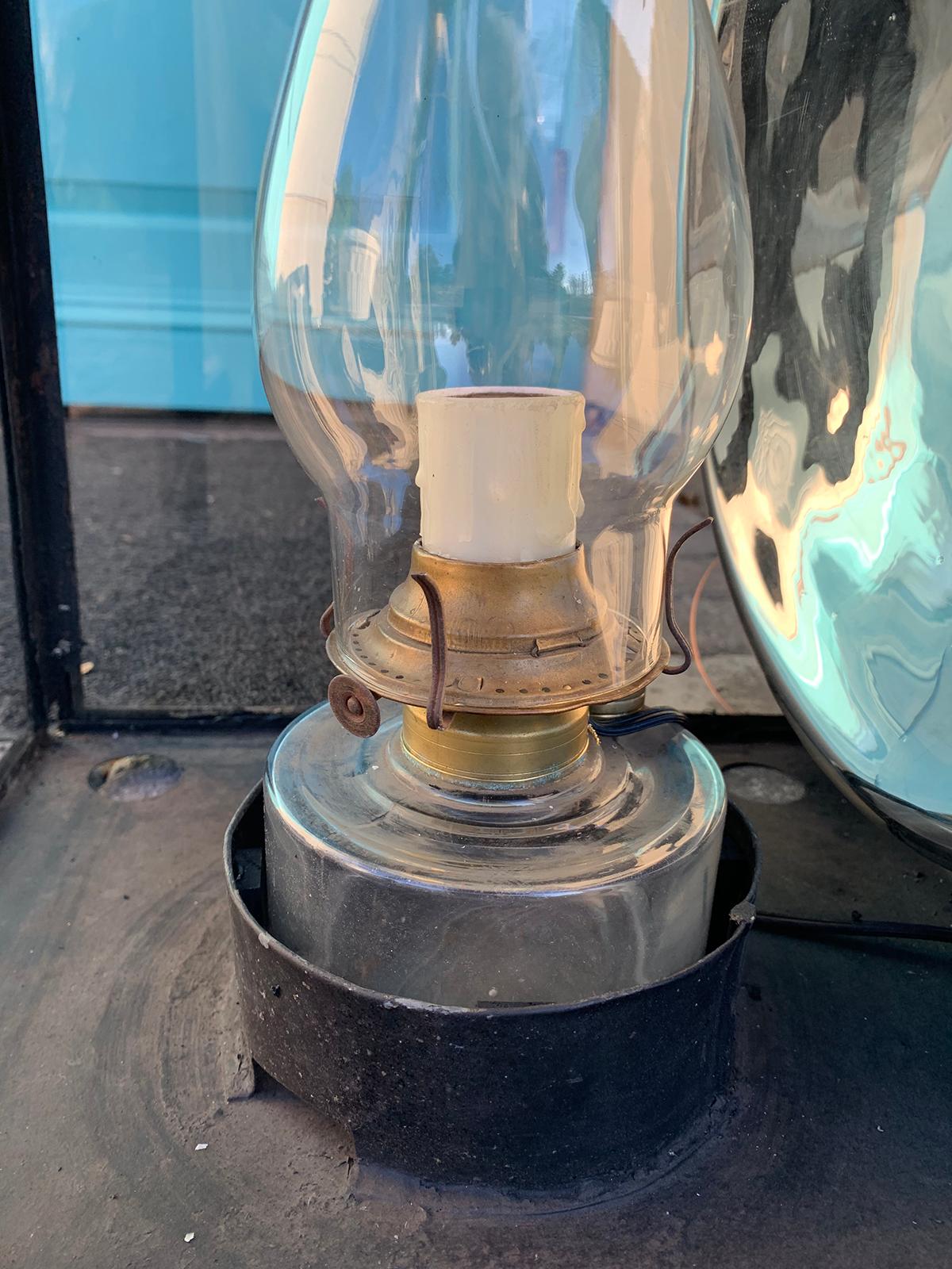 19th Century Painted Tole Former Kerosene Wall Lantern, Mercury Glass Reflector 2