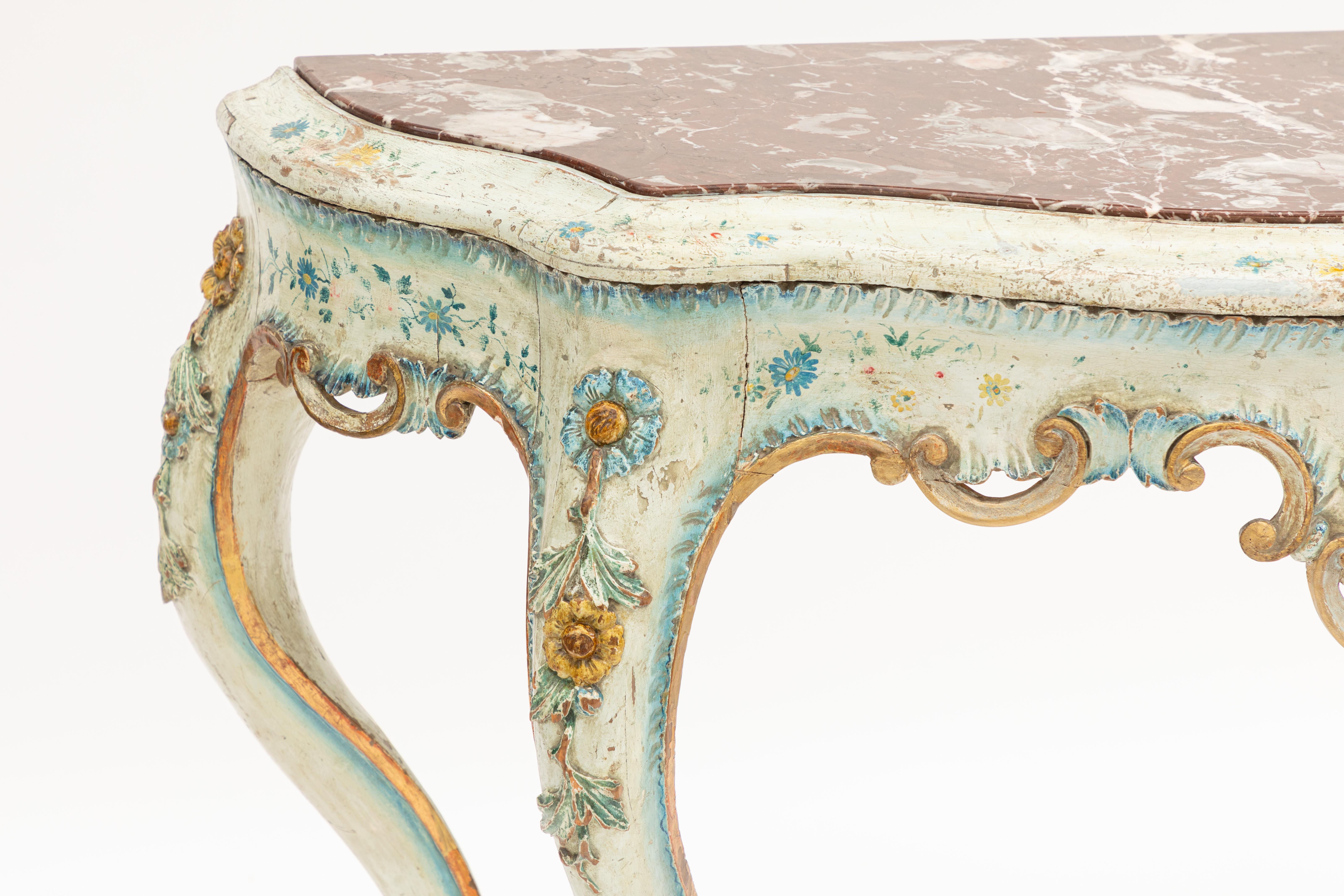 Italian 19th Century Painted Venetian Console with Marble Top For Sale