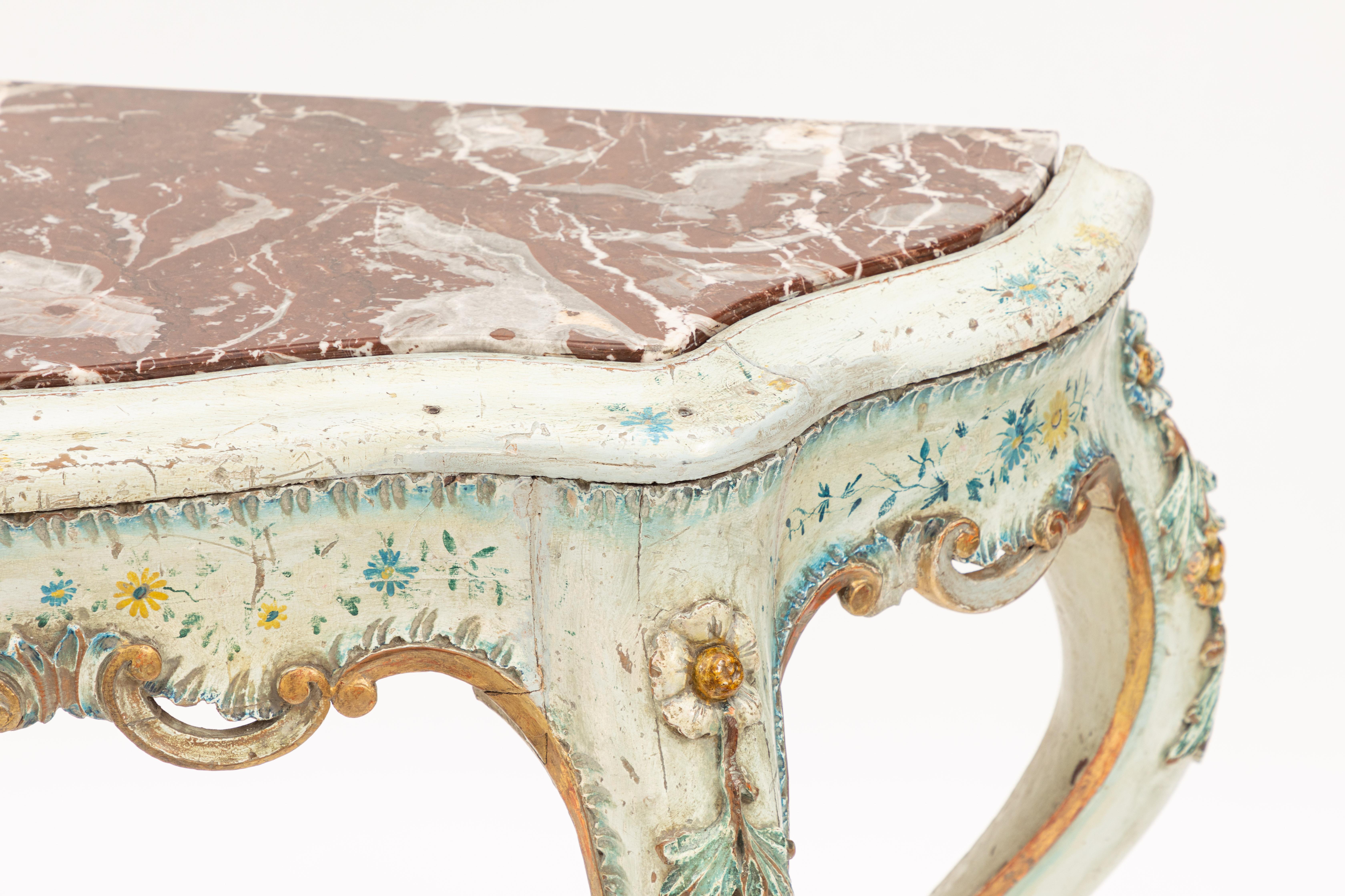 Hand-Carved 19th Century Painted Venetian Console with Marble Top For Sale