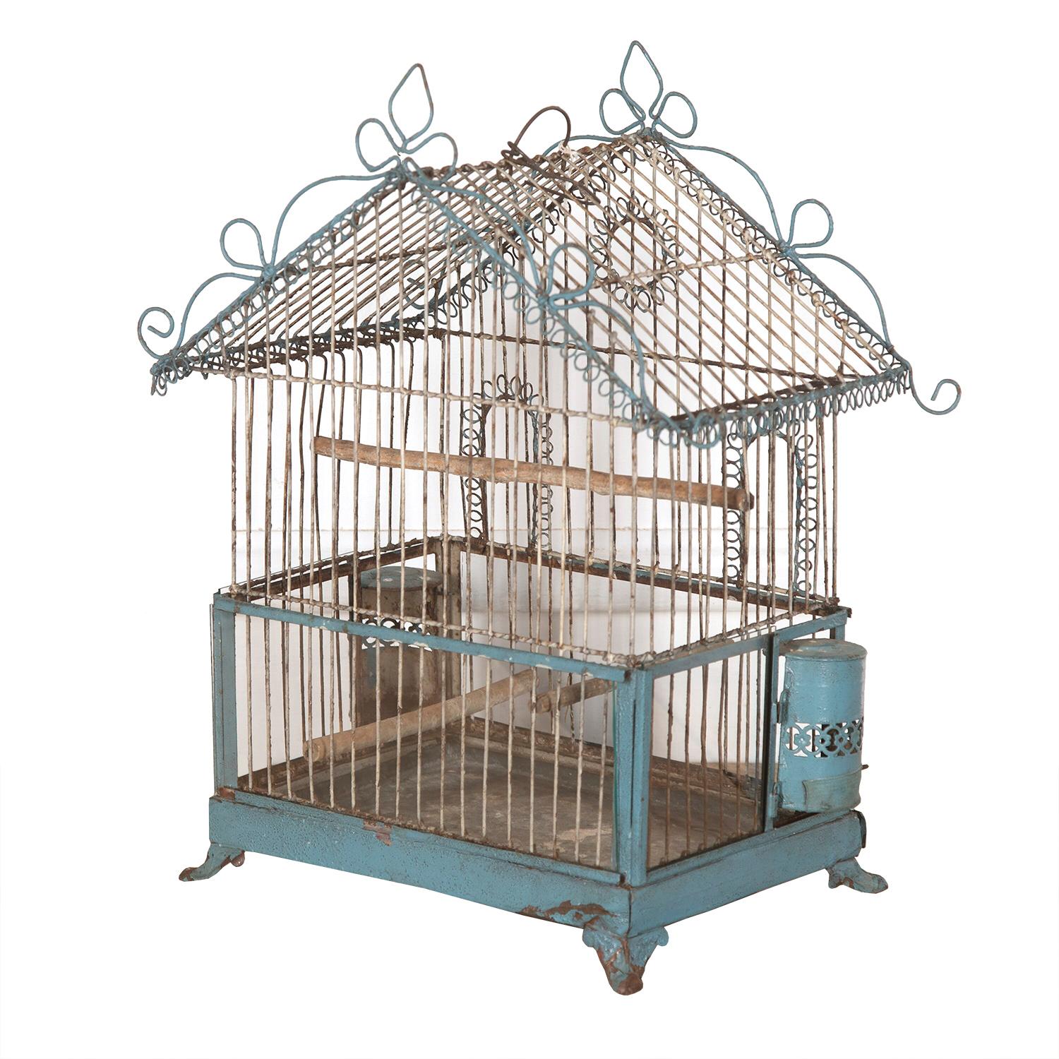 Decorative French 19th century wirework bird cage. 

The elaborate wirework cage rests over an attractive carved wood base with splayed feet. 

Retaining original blue paint to the base and elements of the cage. 

This bird cage will make for