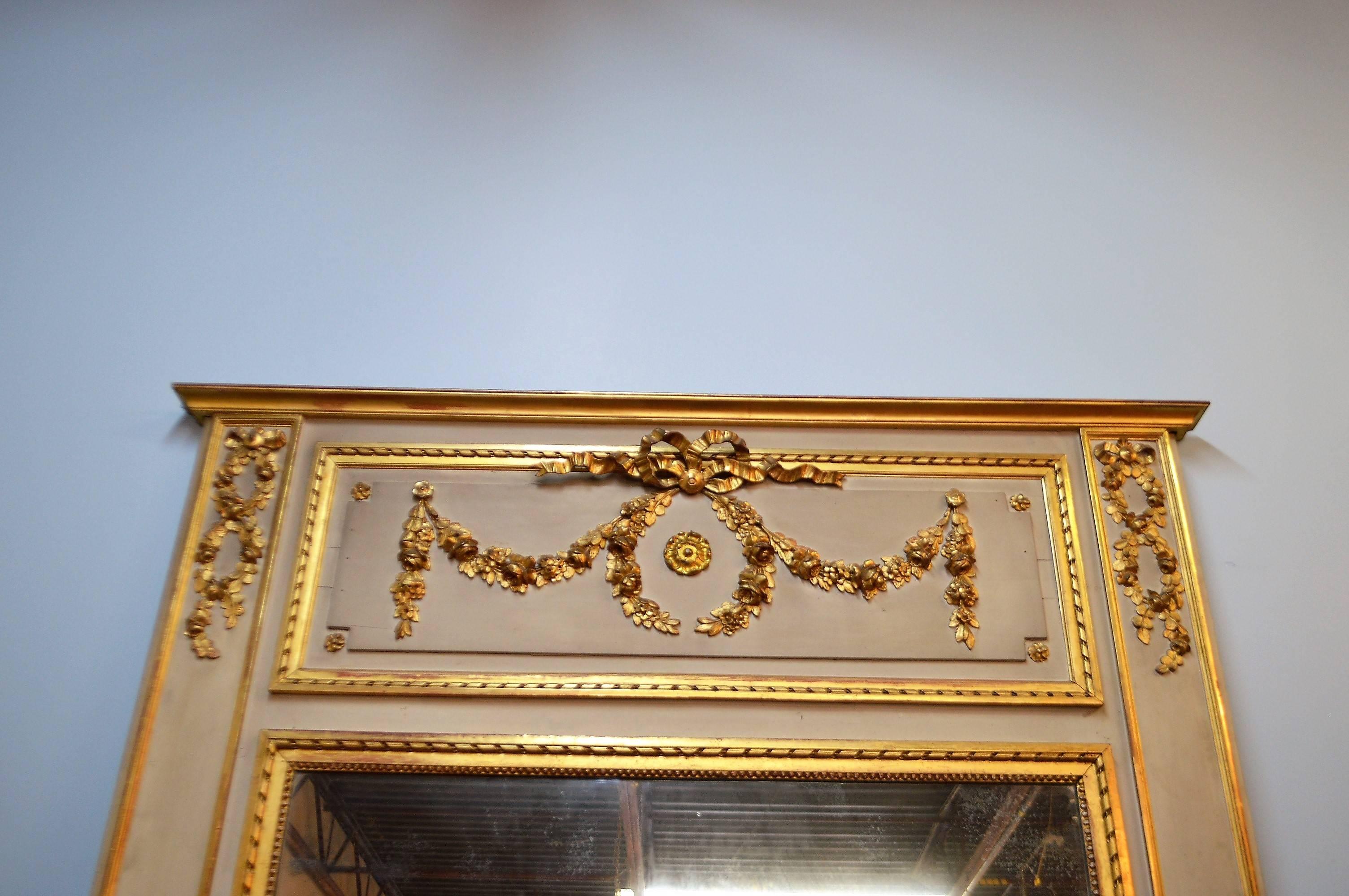 French 19th Century Painted with Gilt Louis XVI Style Large Trumeau Mirror