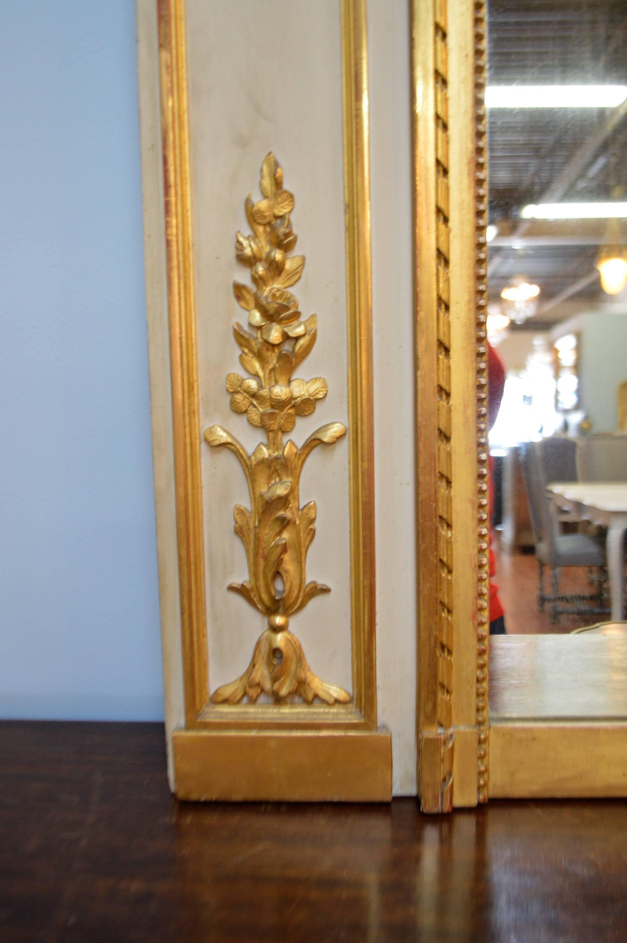 Wood 19th Century Painted with Gilt Louis XVI Style Large Trumeau Mirror