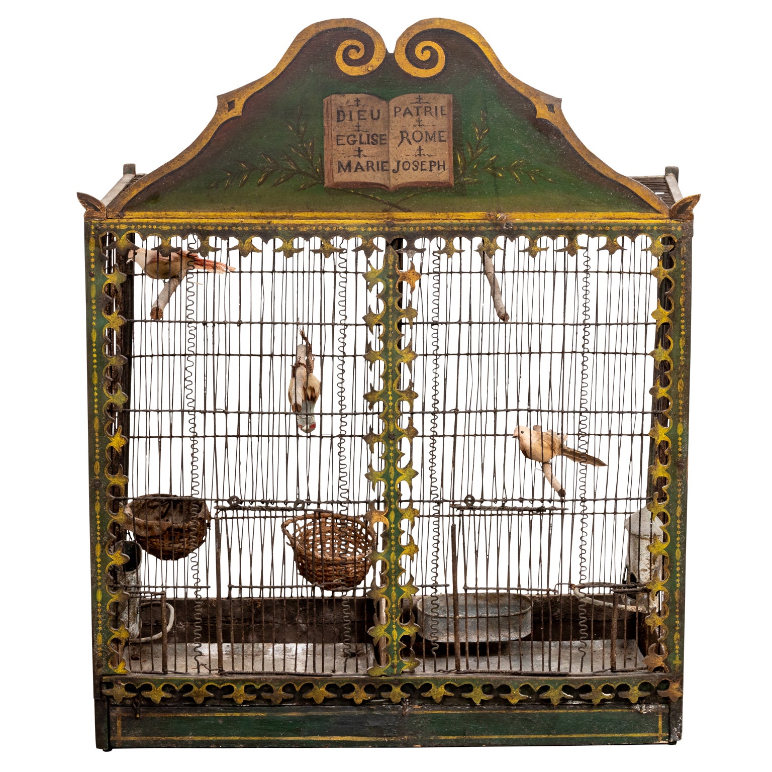 19th Century Painted Wood and Wire Birdcage
