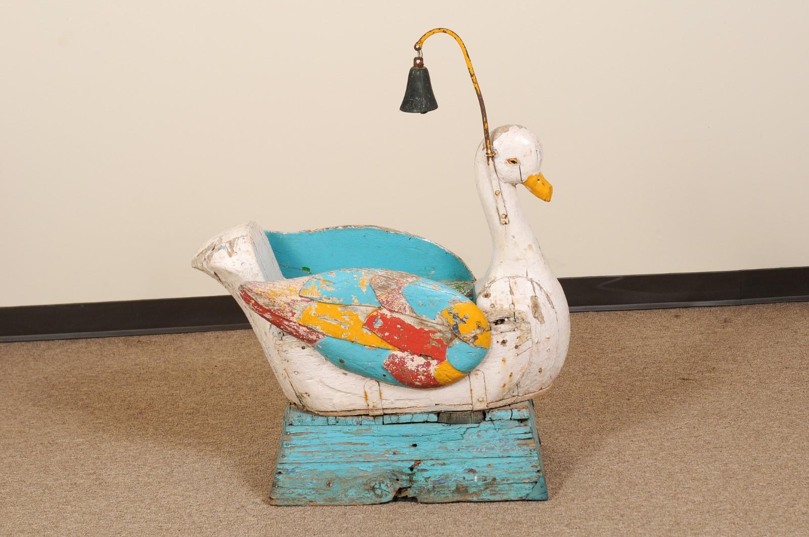 19th Century Painted Wood Carousel Swan Child's Seat with Bell For Sale 5