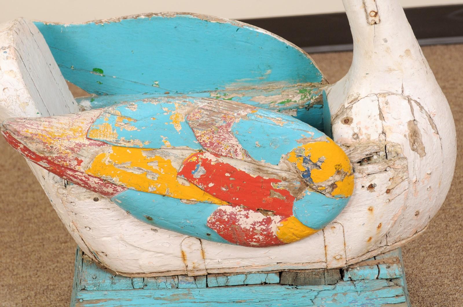 19th Century Painted Wood Carousel Swan Child's Seat with Bell For Sale 6