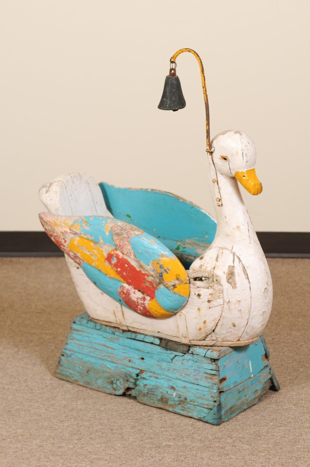 European 19th Century Painted Wood Carousel Swan Child's Seat with Bell For Sale