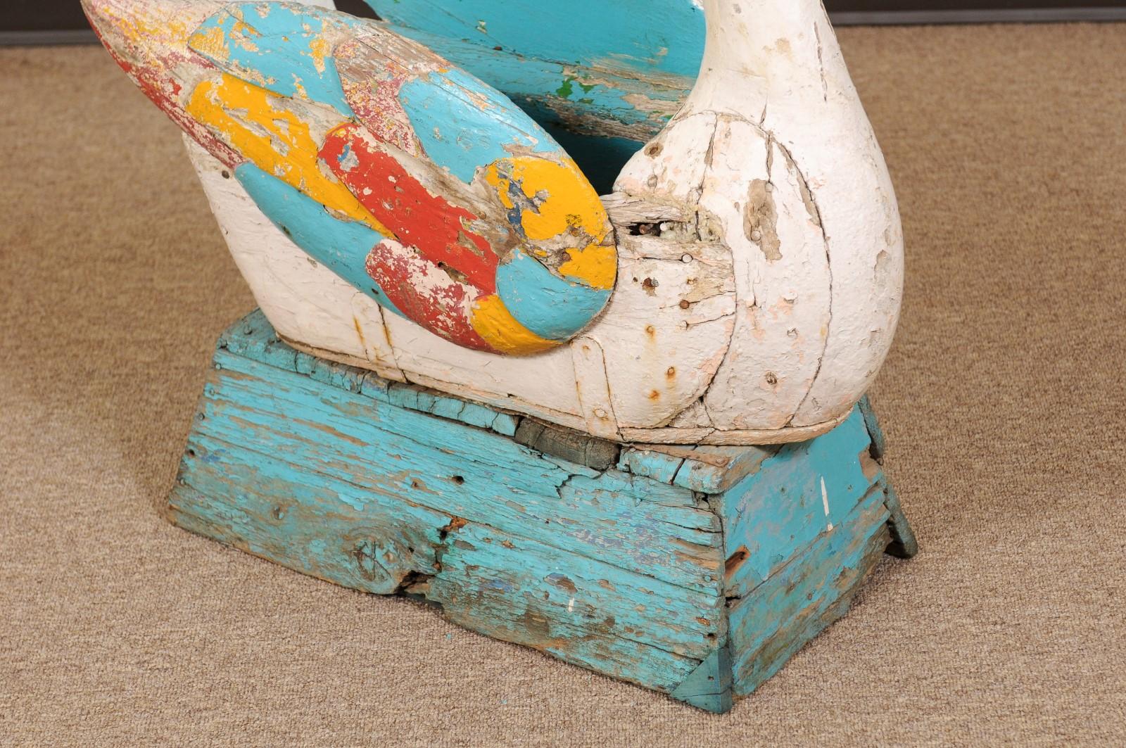 Hand-Carved 19th Century Painted Wood Carousel Swan Child's Seat with Bell For Sale