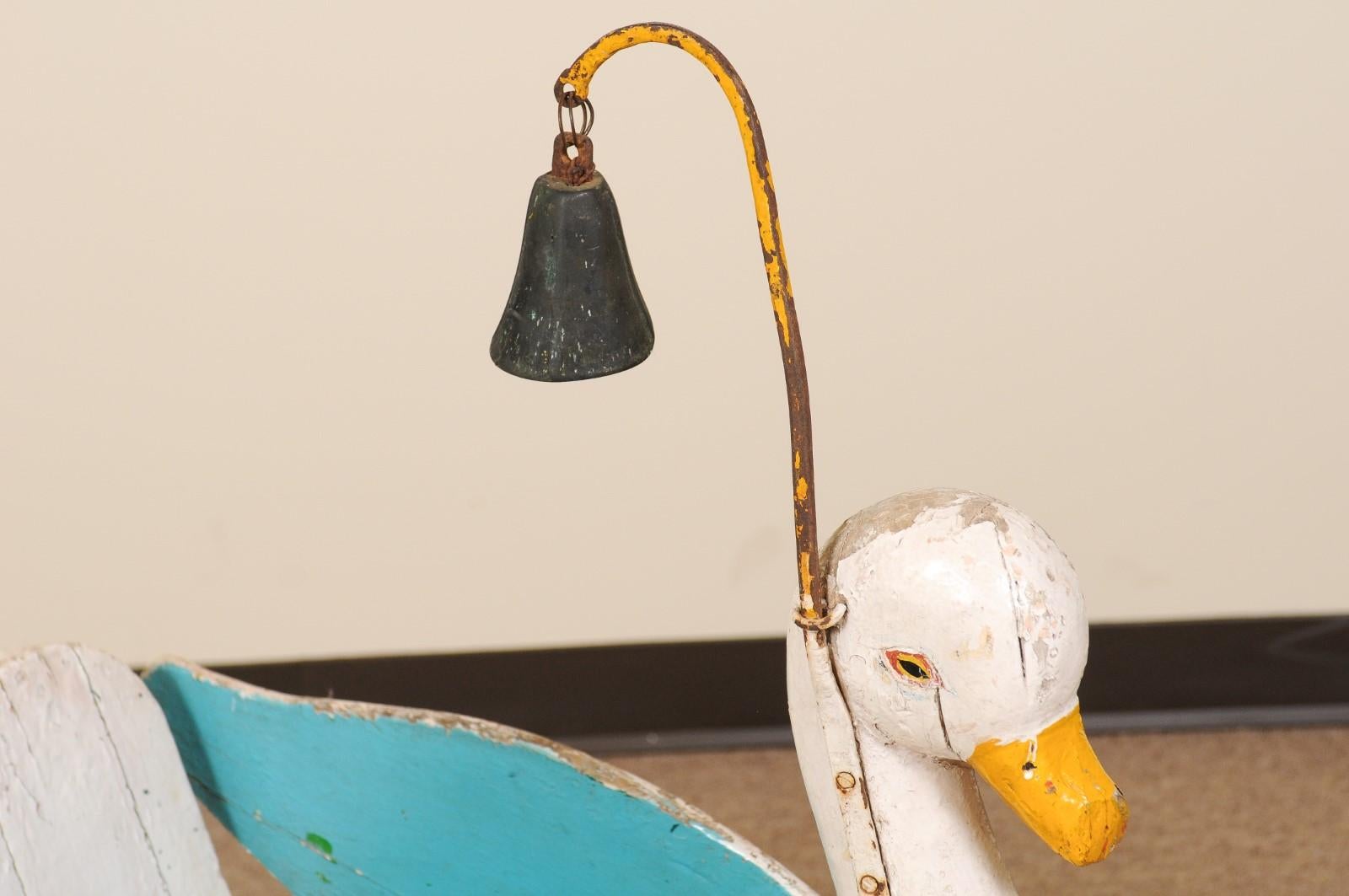 19th Century Painted Wood Carousel Swan Child's Seat with Bell In Good Condition For Sale In Atlanta, GA