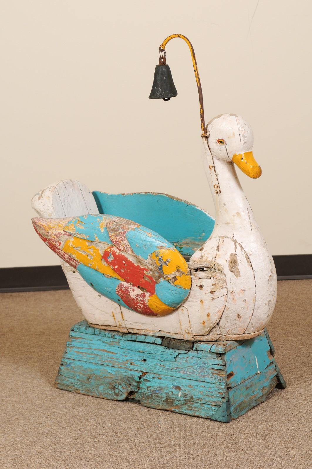19th Century Painted Wood Carousel Swan Child's Seat with Bell For Sale 1