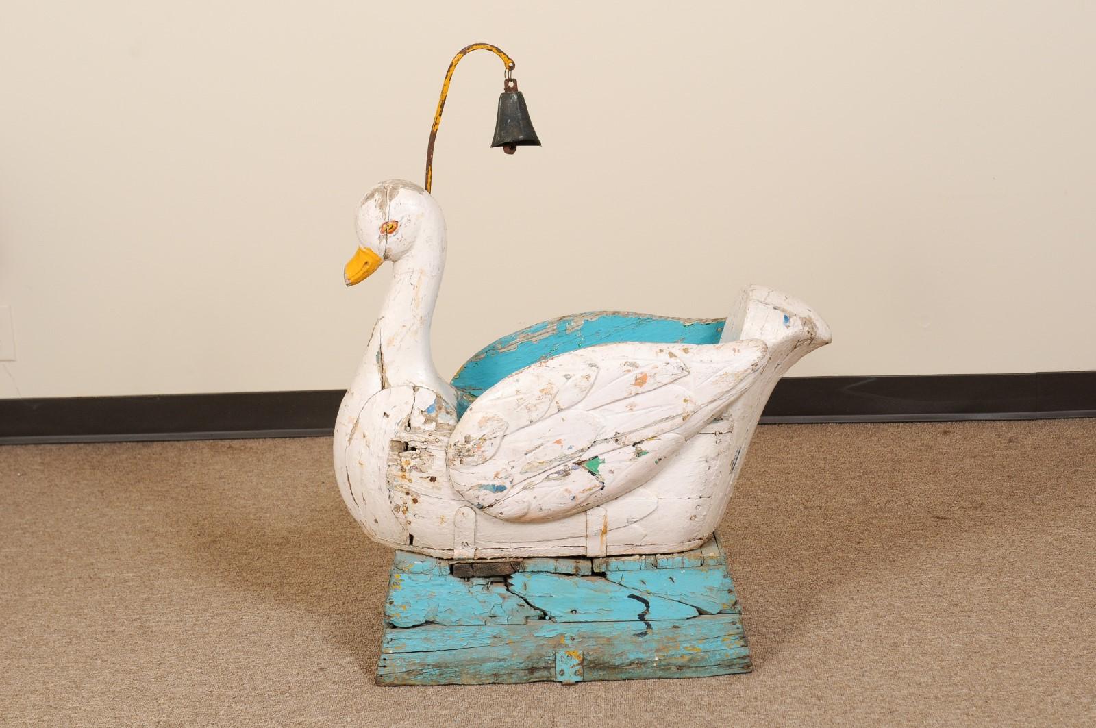 19th Century Painted Wood Carousel Swan Child's Seat with Bell For Sale 3