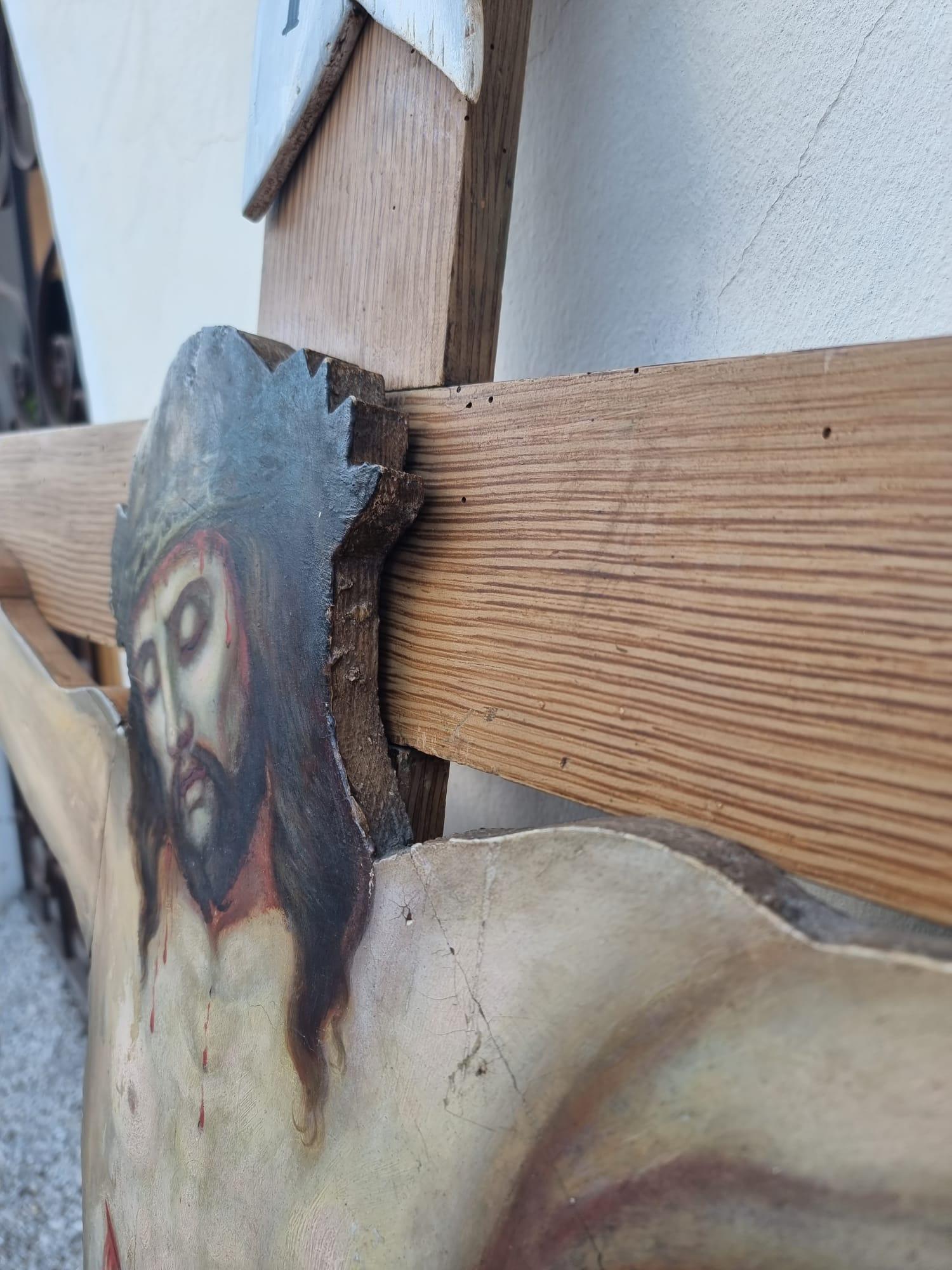 Painted 19th century painted wooden crucifix For Sale