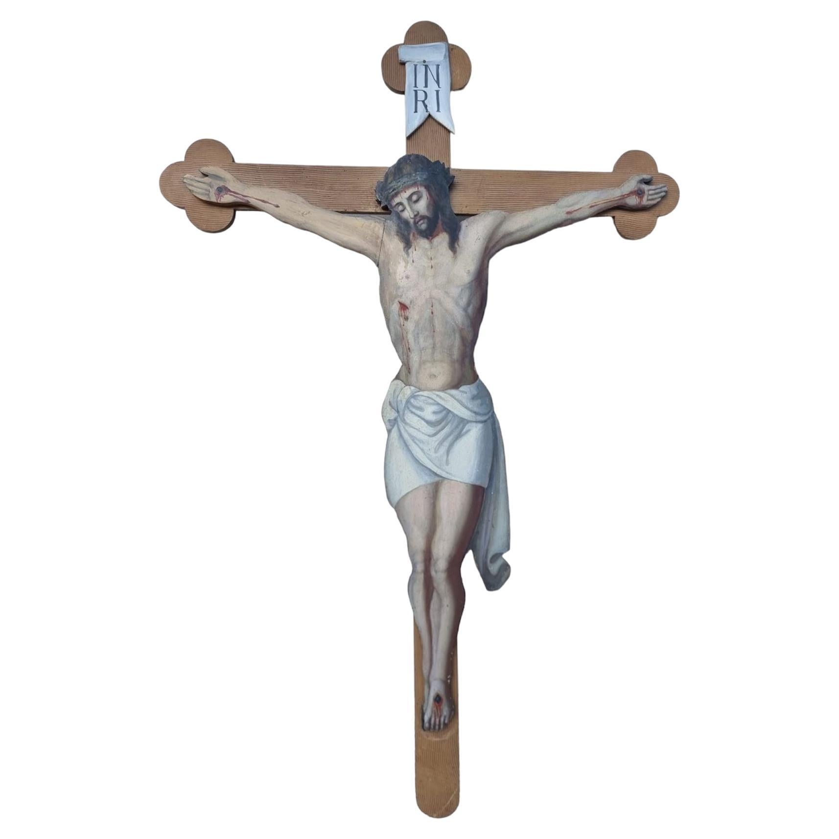 19th century painted wooden crucifix For Sale