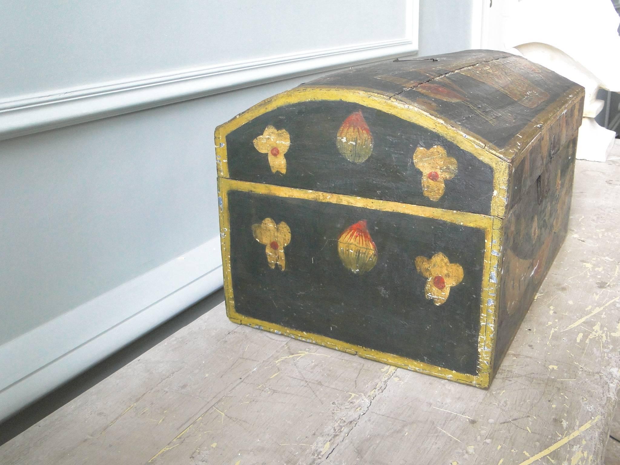 19th century painted wooden wedding box from Normandy with birds and flowers .The inside is covered with fabric.

 