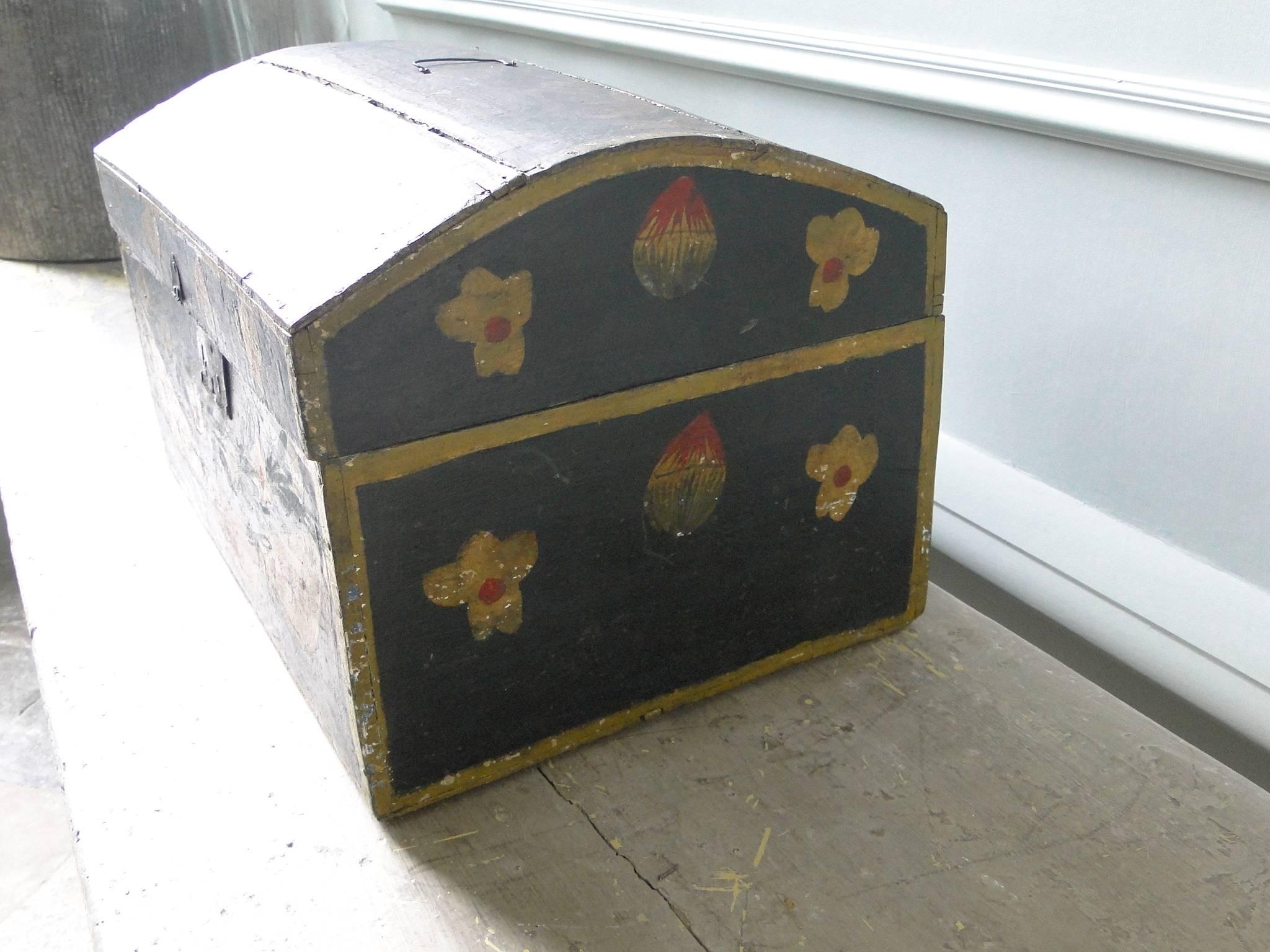 French 19th Century Painted Wooden Wedding Box Folk Art For Sale