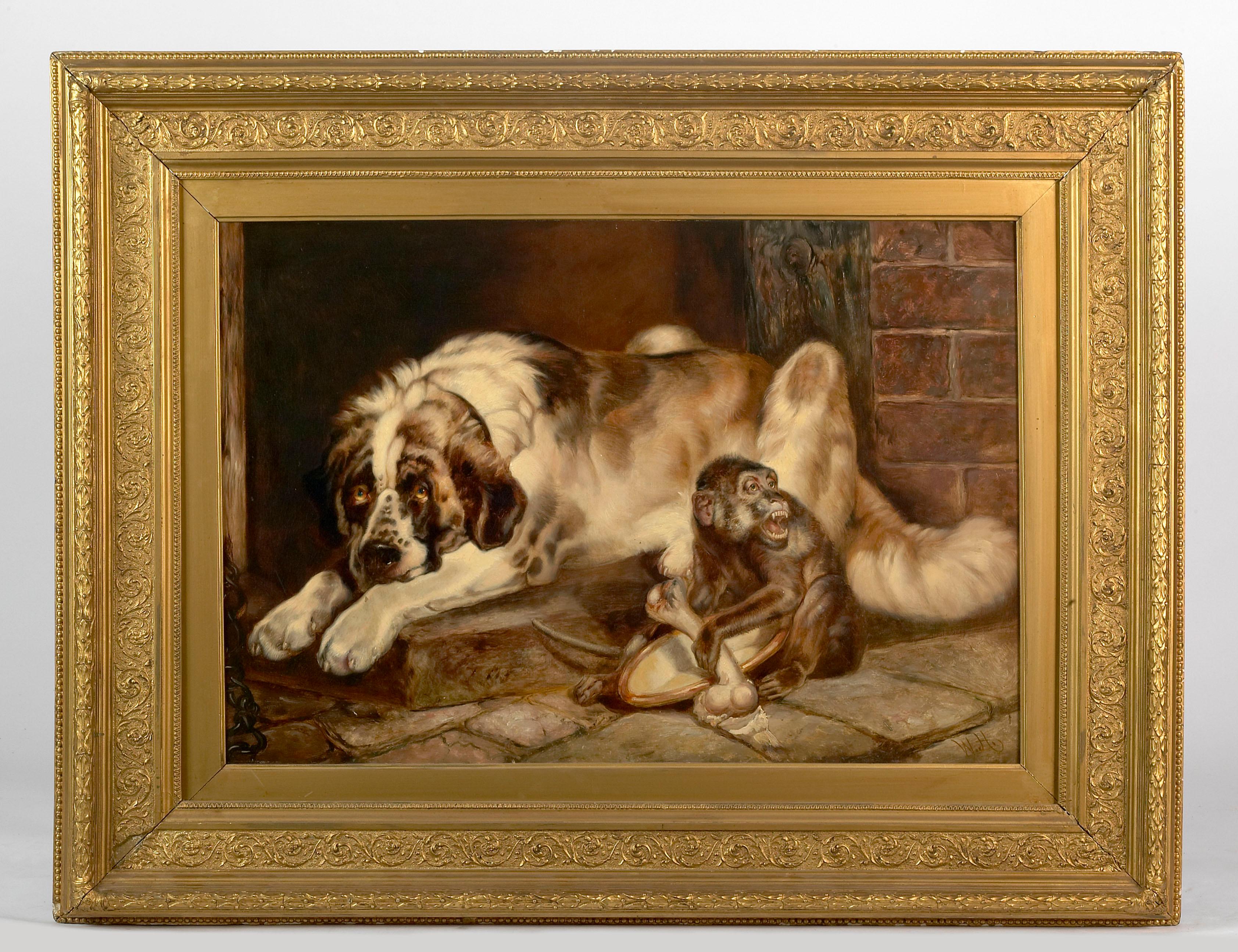 Scena animale ad olio su tela del XIX secolo che raffigura un cane che riposa accanto a una scimmia che afferra un osso. Custodito in una cornice in legno dorato intagliato, questo dipinto è opera dell'artista William Hunt (1827 - 1910) ed è firmato