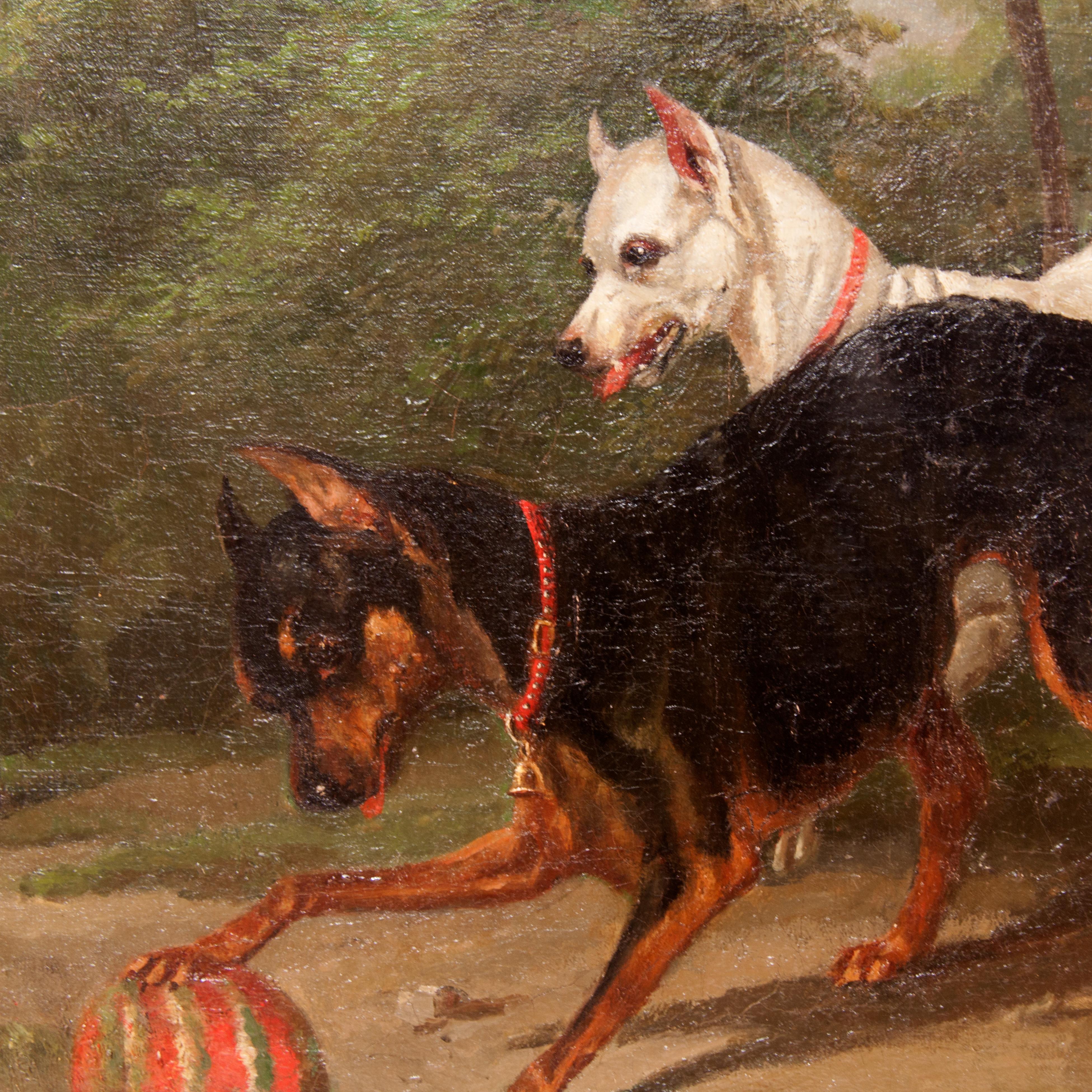 19th century painting depicting dogs playing with a ball, attributed to Alfred de Dreux.
Alfred de Dreux was born in Paris, 1840.
 
