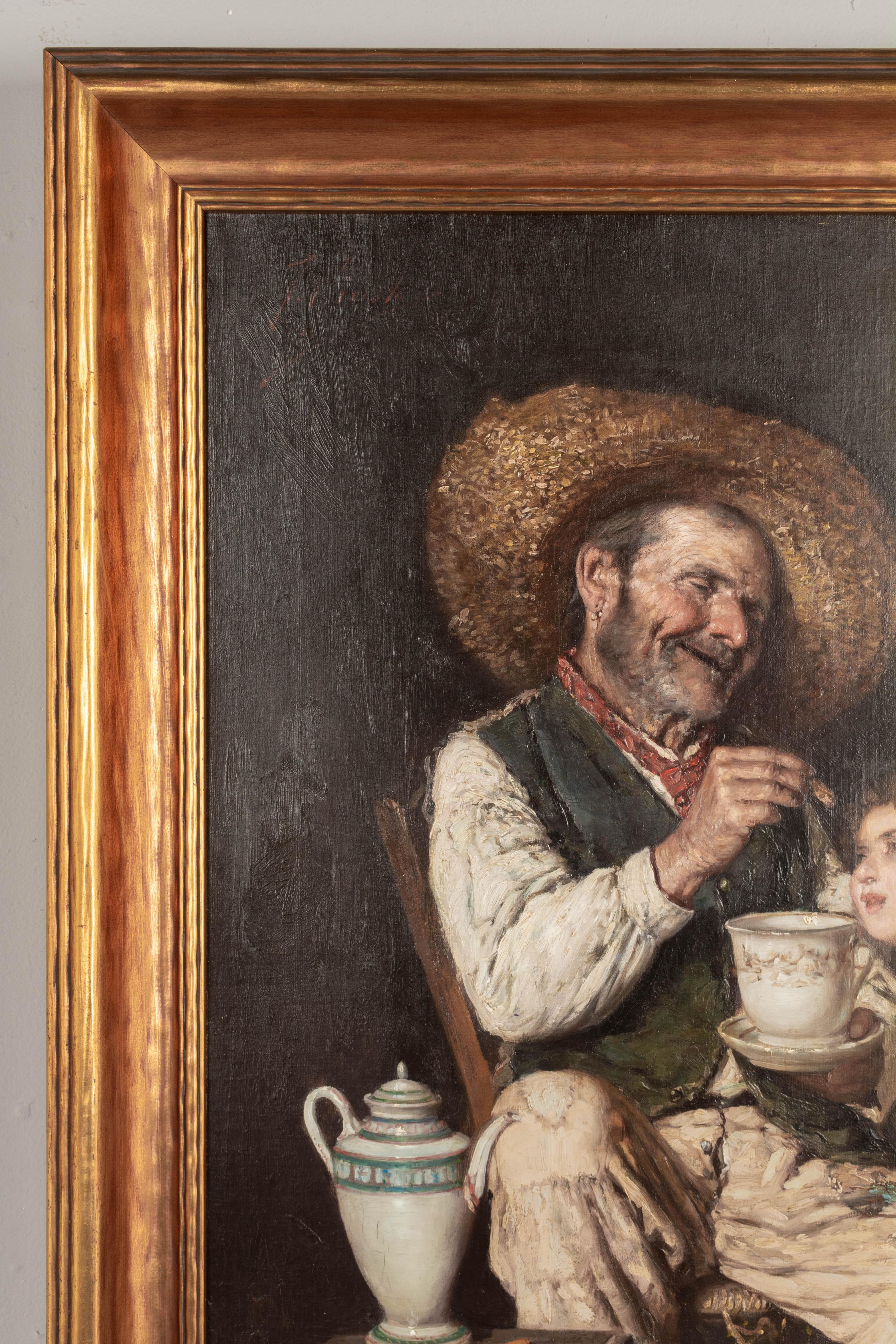 A charming portrait of an old man and small child with coffee and biscuits by Italian artist Fausto Giusto (1867 Naples-1941 Zurich). Impressionist style with nice details and brushwork. Signed upper left: F. Giusto. Oil on canvas. Giltwood frame.