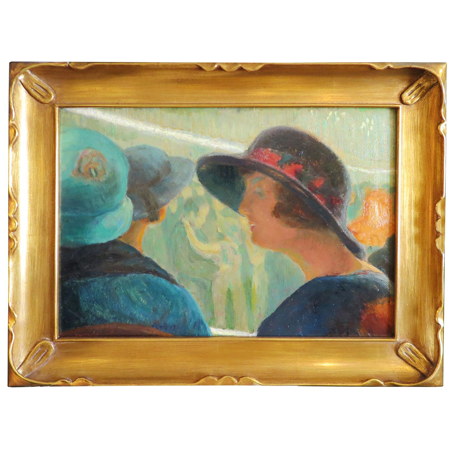 Peinture du XIXe siècle de Philip Swyncop représentant des femmes portant des chapeaux