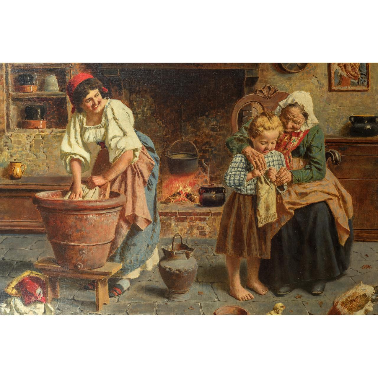 19th century painting entitled knitting lesson by Eugenio Zampighi
Title: Knitting Lesson
Artist: Eugenio Zampighi (1859–1944)
Origin: Italian
signed E. Zampighi (lower right)
Dimension: 27 in x 34 1/2 in.