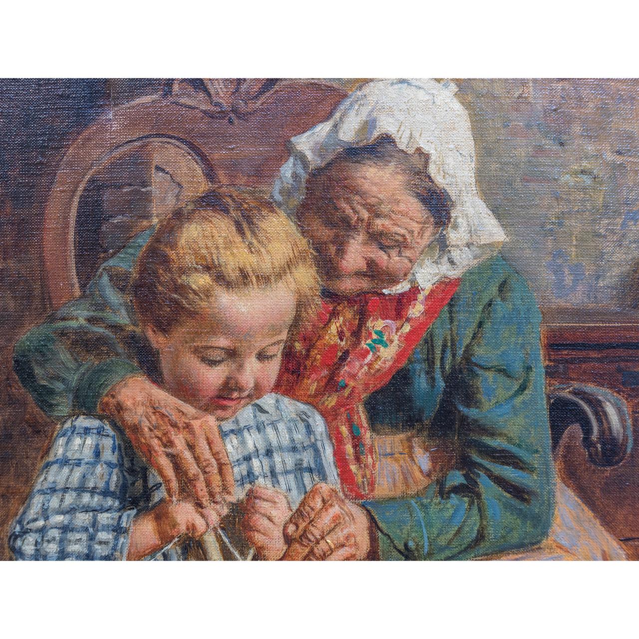 19th Century Painting Entitled Knitting Lesson by Eugenio Zampighi In Good Condition For Sale In New York, NY