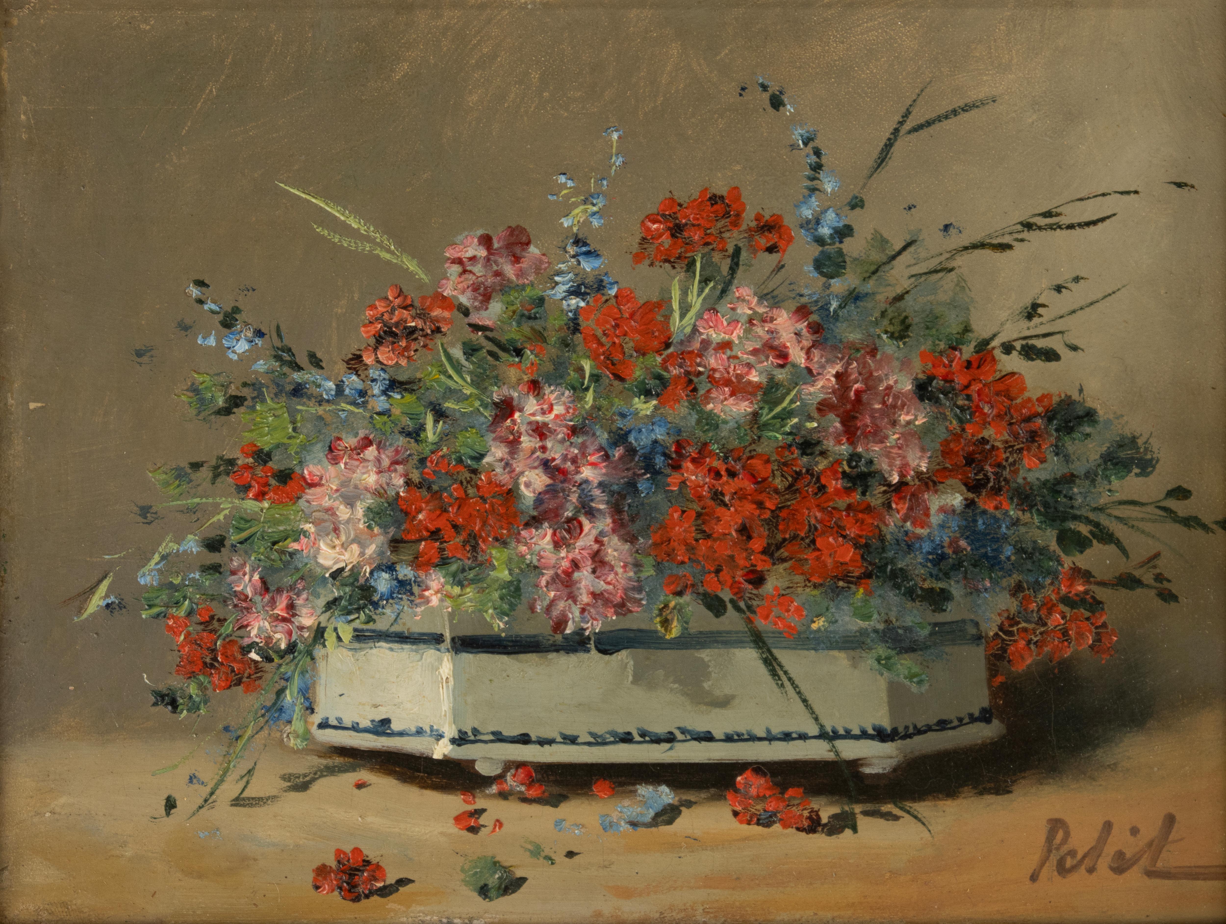 Ein raffiniertes und leuchtendes Stillleben aus dem 19. Jahrhundert, das Eugène Petit (1838-1886) zugeschrieben wird, einem französischen Maler, der für seine detailreichen Blumenkompositionen berühmt war. Das in Öl auf Holz gemalte Werk zeigt einen