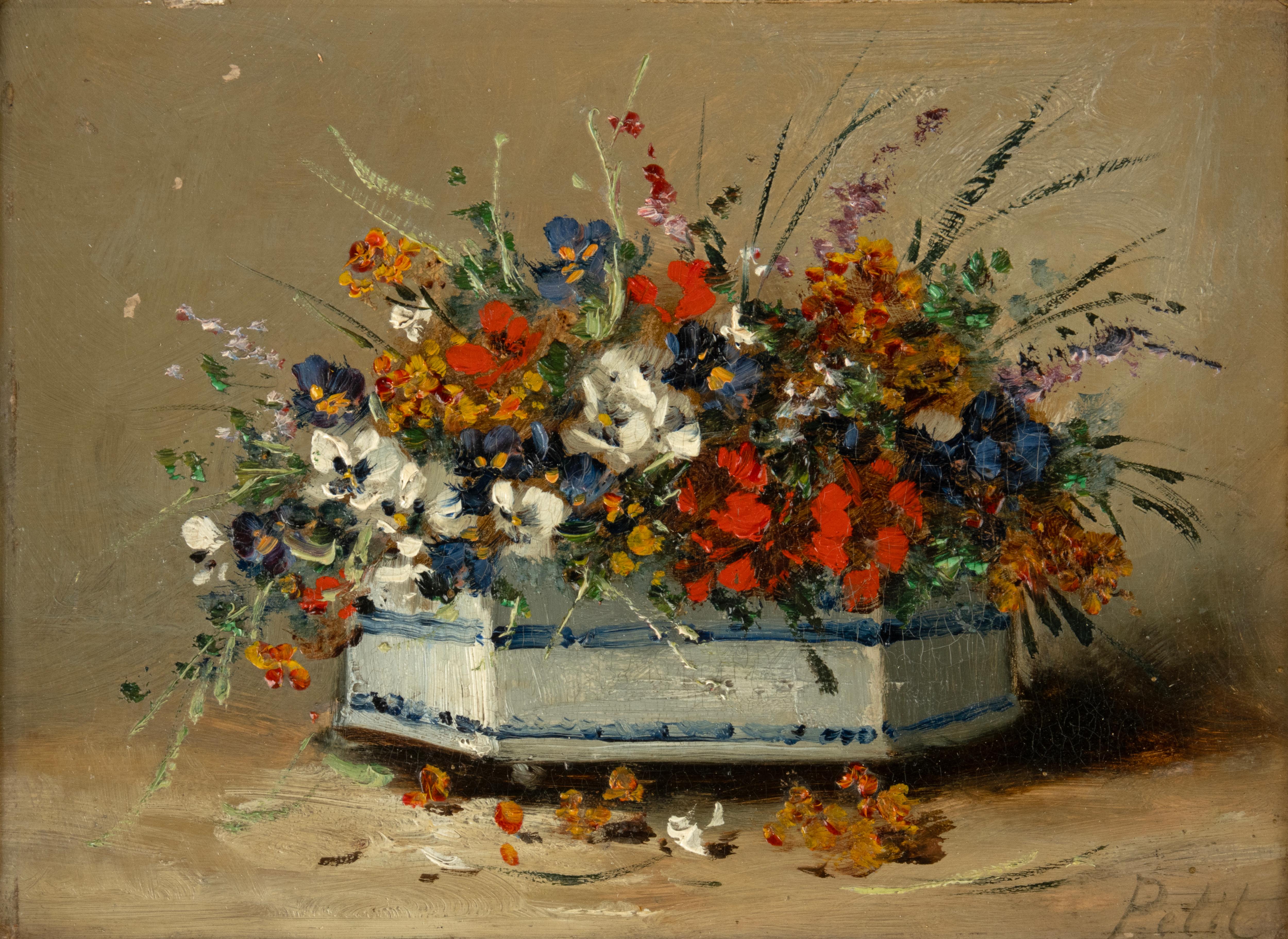 Una raffinata e luminosa natura morta del XIX secolo, attribuita a Eugène Petit (1838-1886), un pittore francese celebre per le sue composizioni floreali squisitamente dettagliate. Eseguita a olio su tavola, quest'opera vibrante presenta un ricco