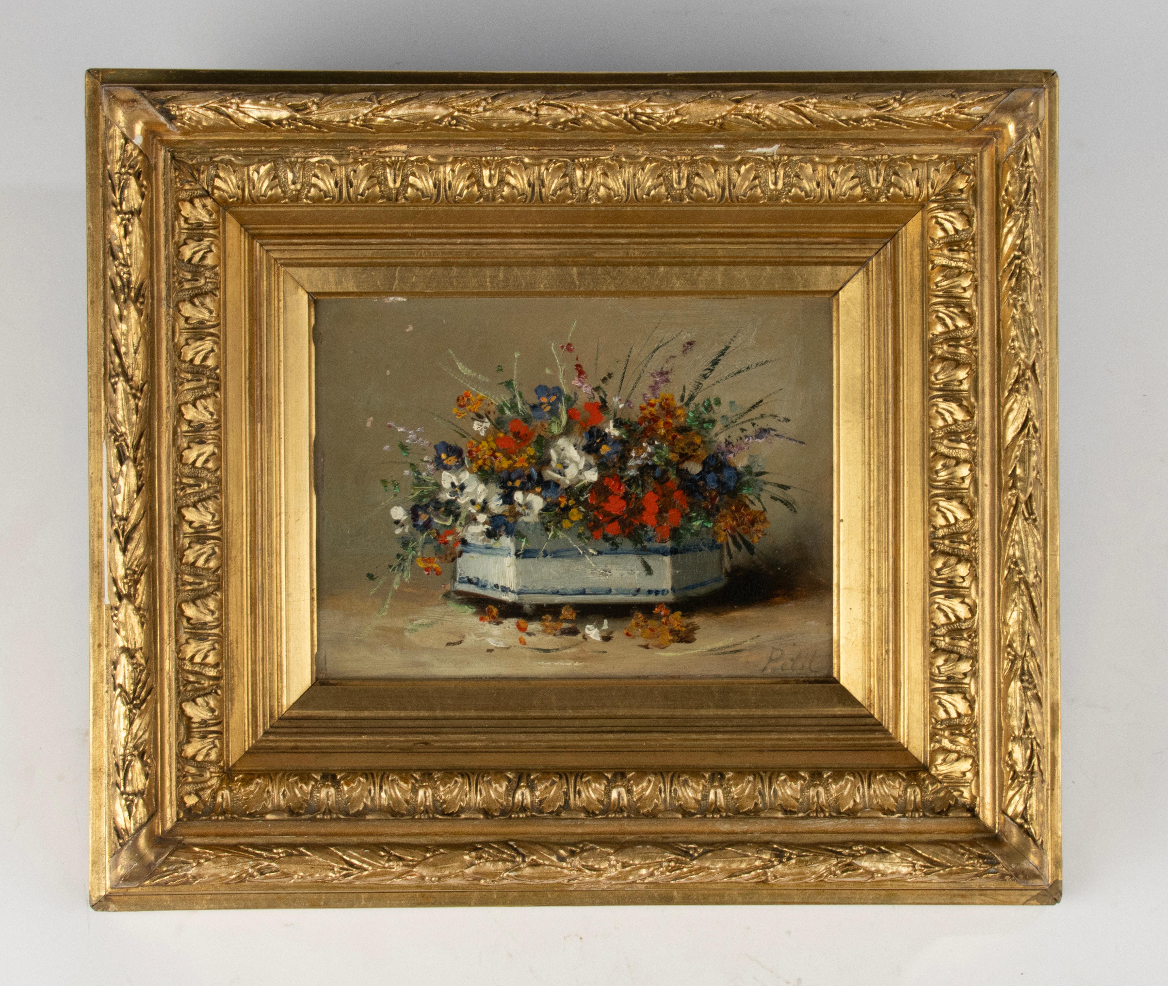 Belle Époque Pittura del XIX secolo - Eugène Petit - Olio su pannello - Natura morta di fiori in vendita