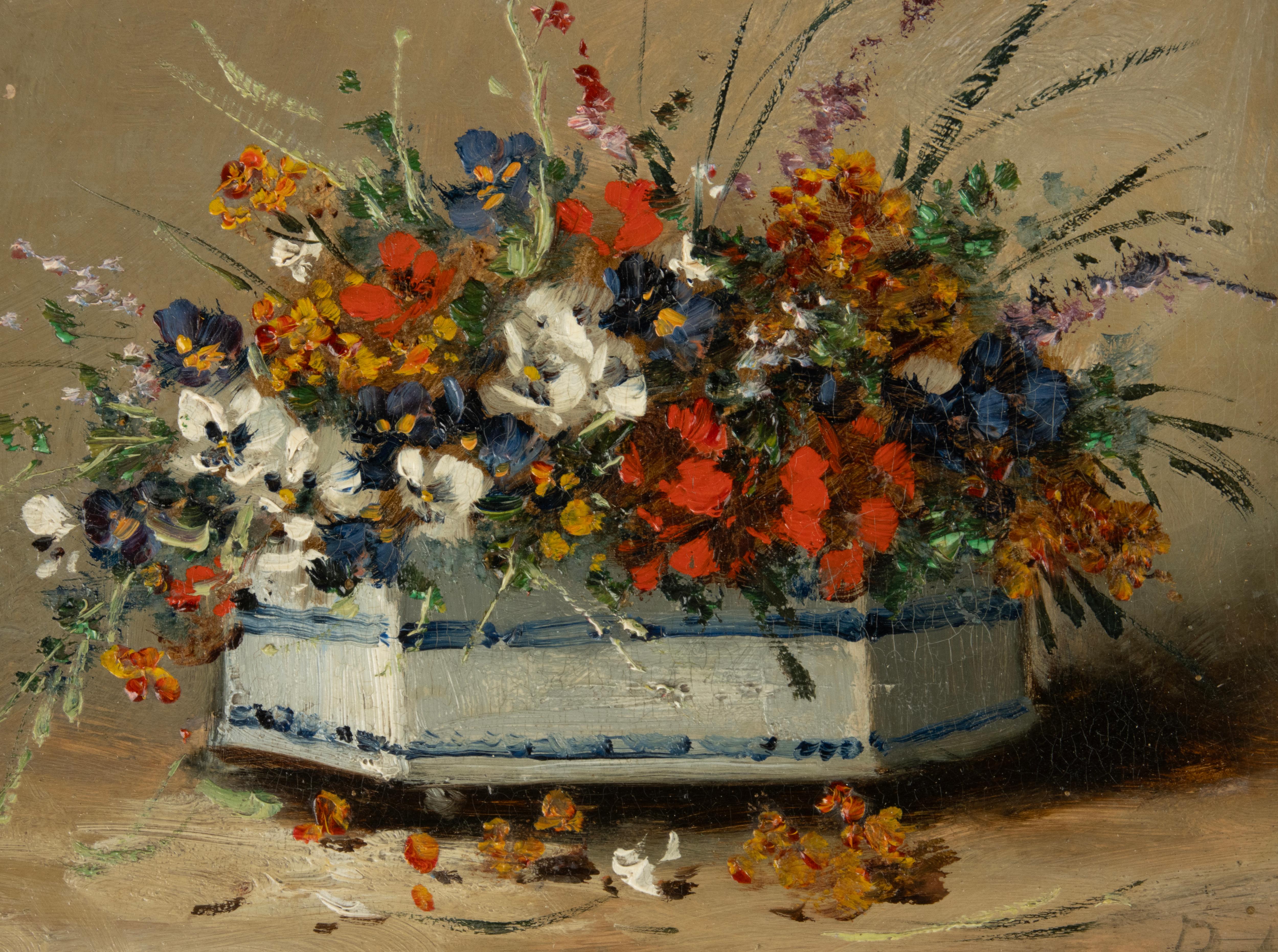 Dipinto Pittura del XIX secolo - Eugène Petit - Olio su pannello - Natura morta di fiori in vendita