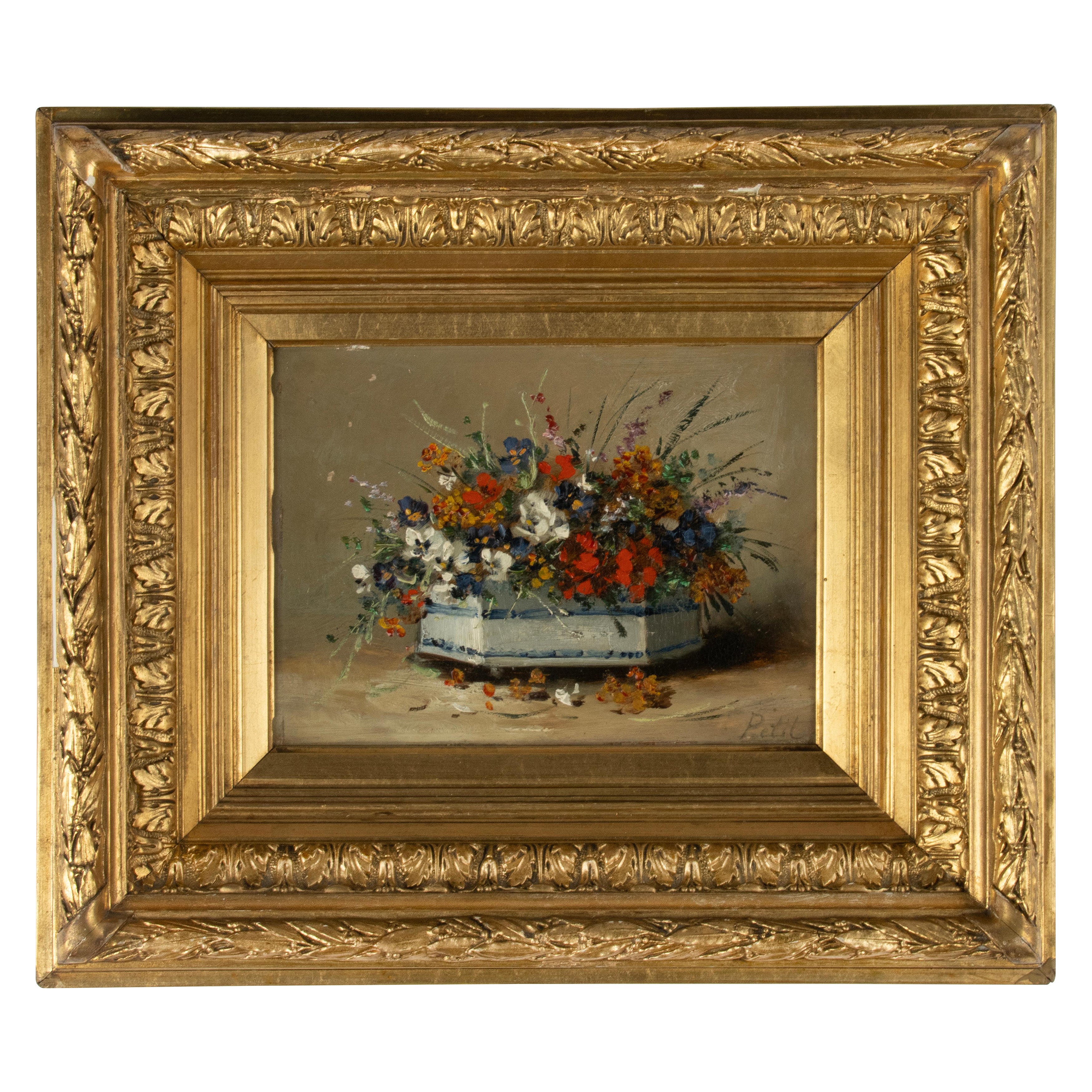 Pittura del XIX secolo - Eugène Petit - Olio su pannello - Natura morta di fiori in vendita