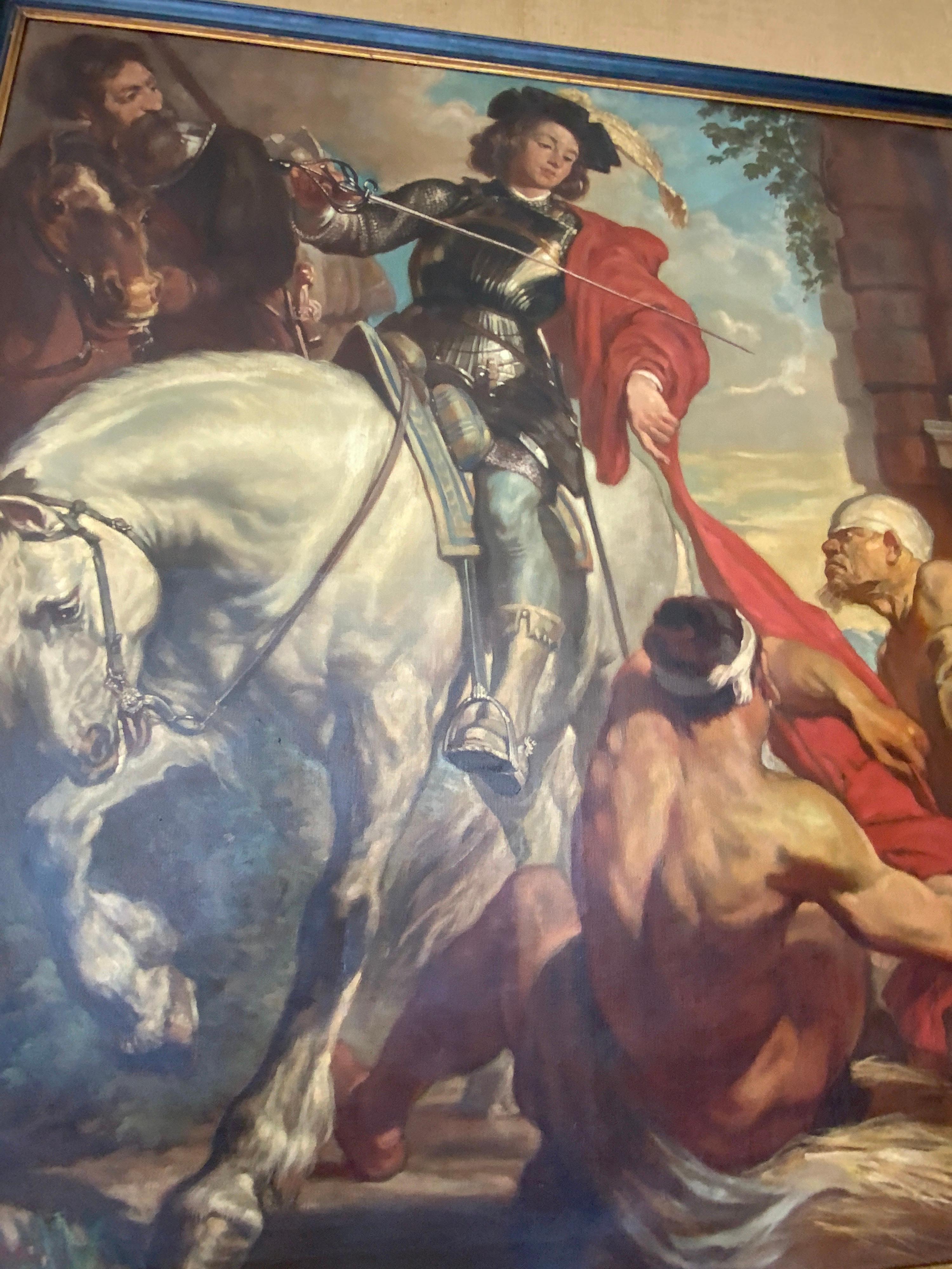 Cette peinture de 71 x 66'' représente un homme à cheval. Cette peinture est des années 1850 et provient de France.