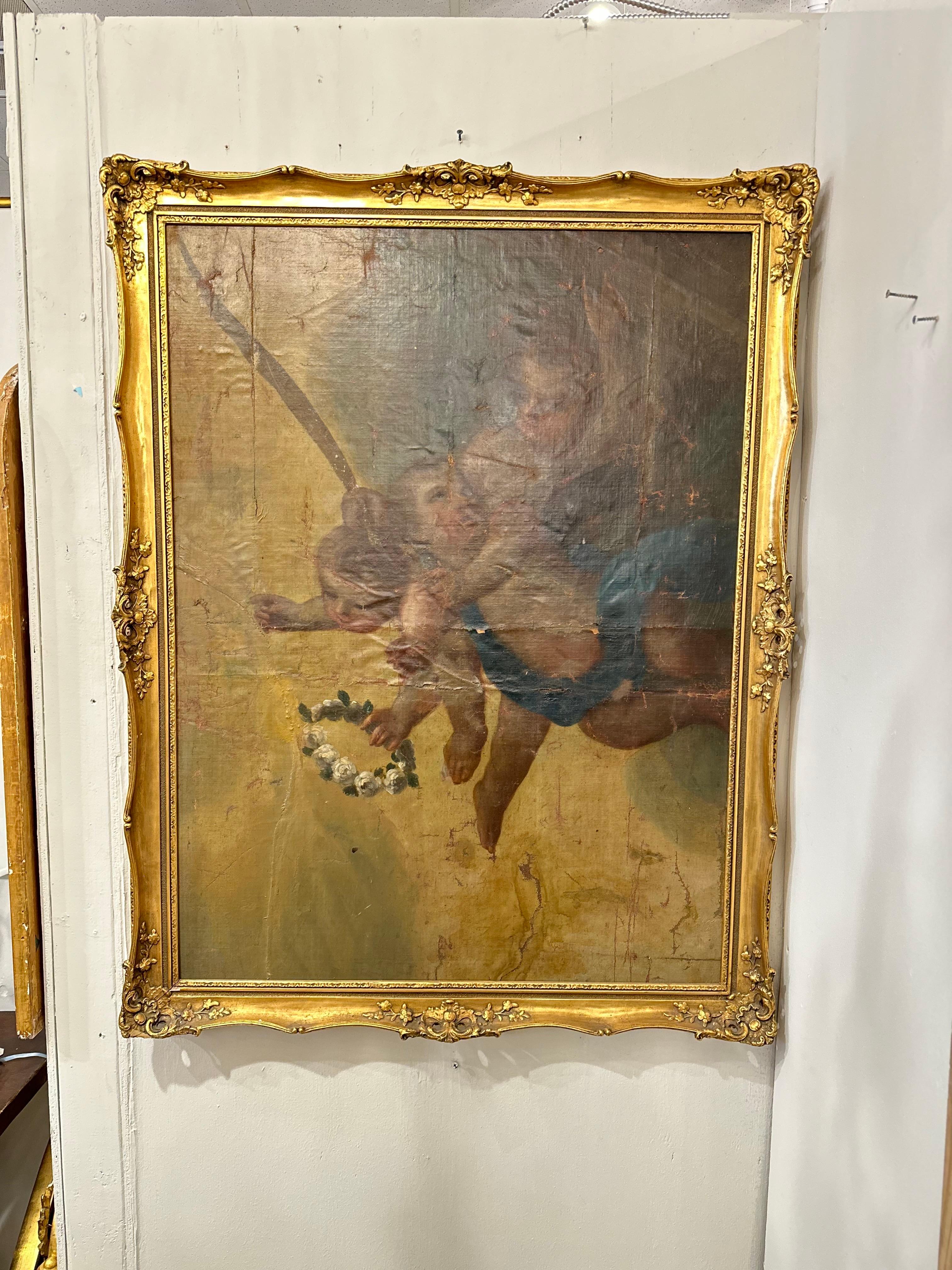 The 19th Century Painting from Mexico in Gilt Frame is a captivating work of art that showcases the rich artistic tradition of the region. Set within an ornate gilt frame, the painting depicts three cupids together, each adorned with delicate wings