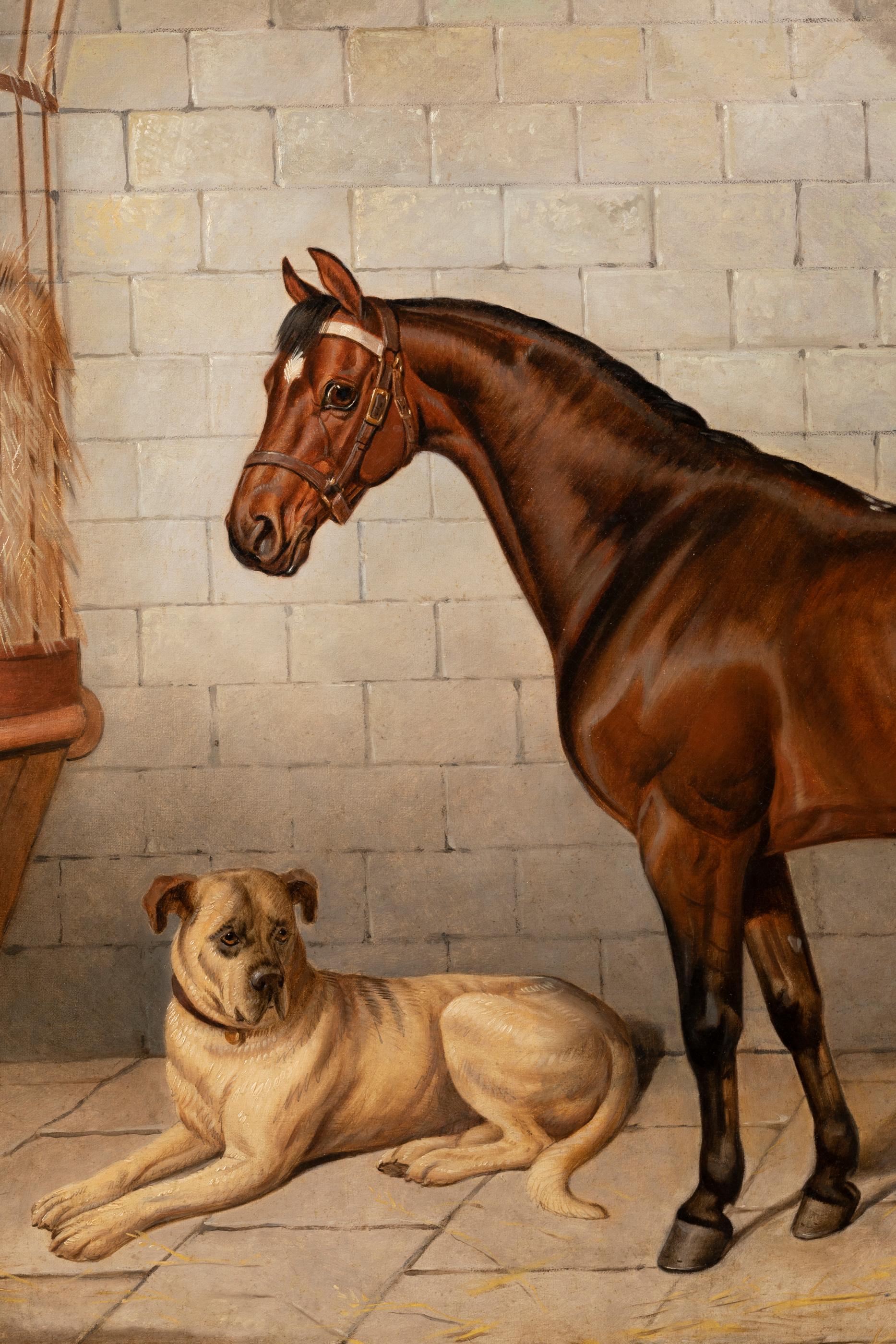 French 19th Century Painting Horse Accompanied by a Mastiff. E-J Keeling For Sale