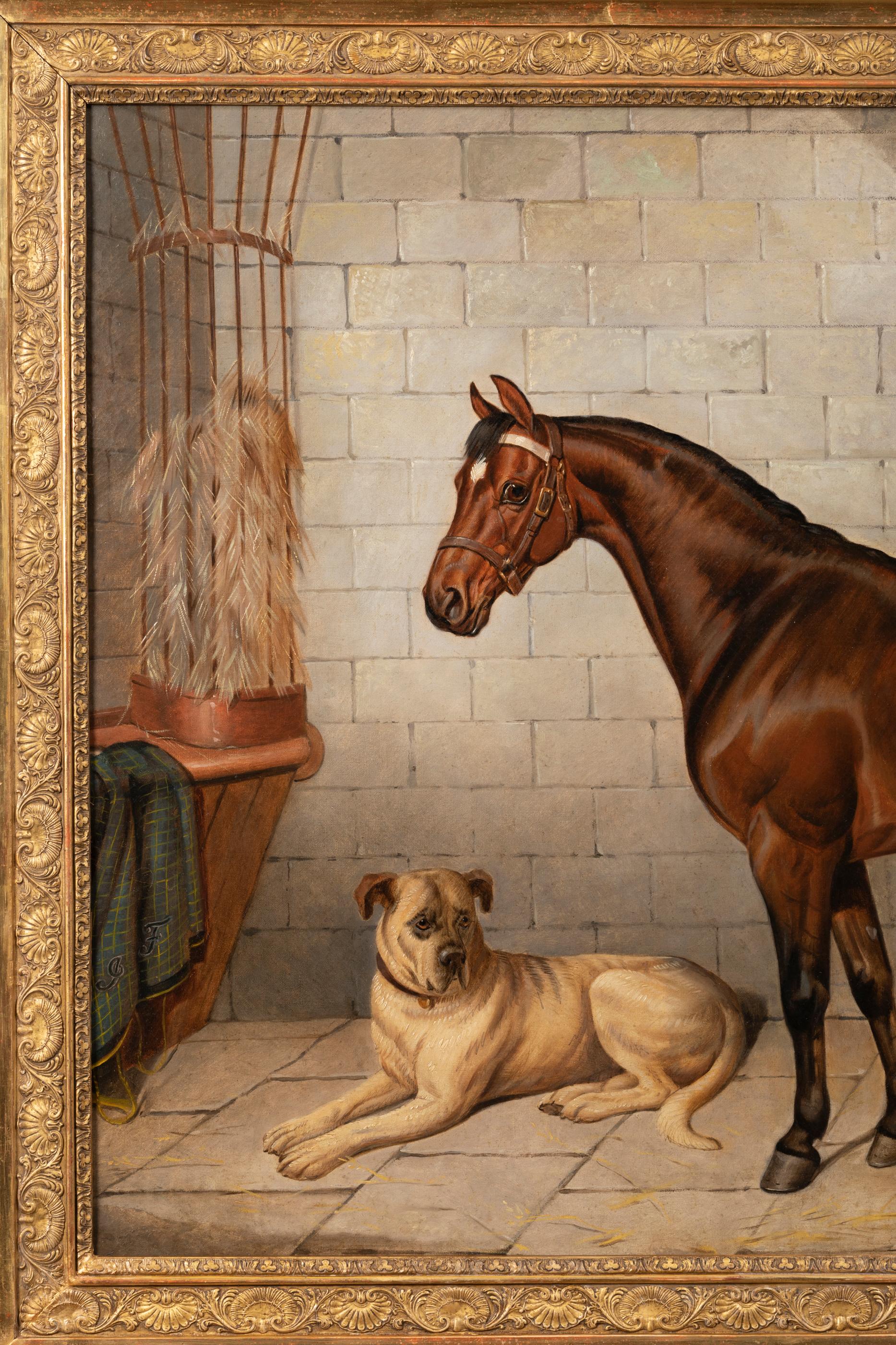 Painted 19th Century Painting Horse Accompanied by a Mastiff. E-J Keeling For Sale