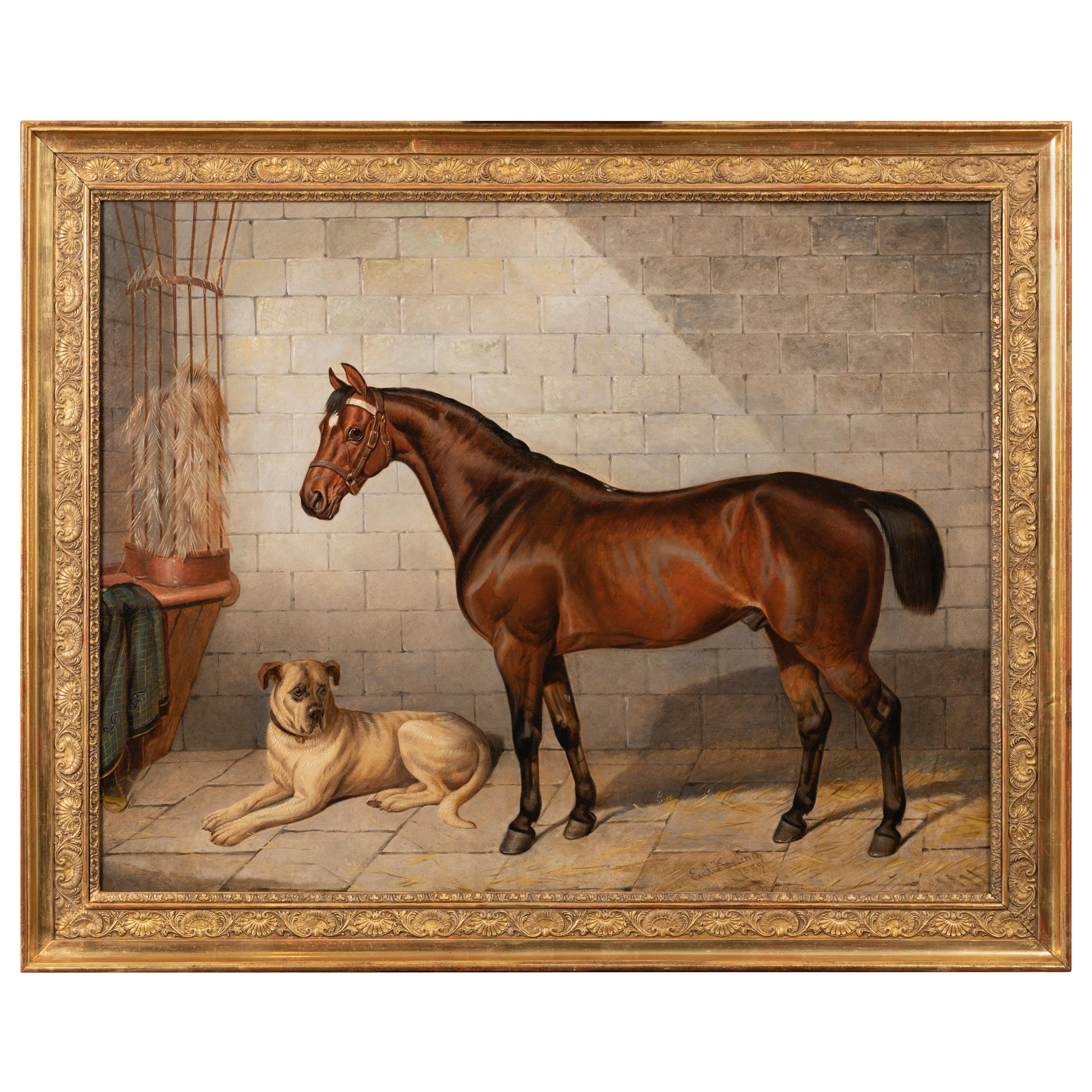 19th Century Painting Horse Accompanied by a Mastiff. E-J Keeling For Sale