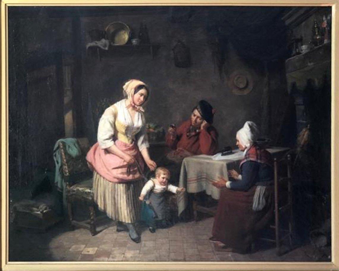 Romantic 19th Century Painting Interior Scene by Pierre Duval Le Camus For Sale