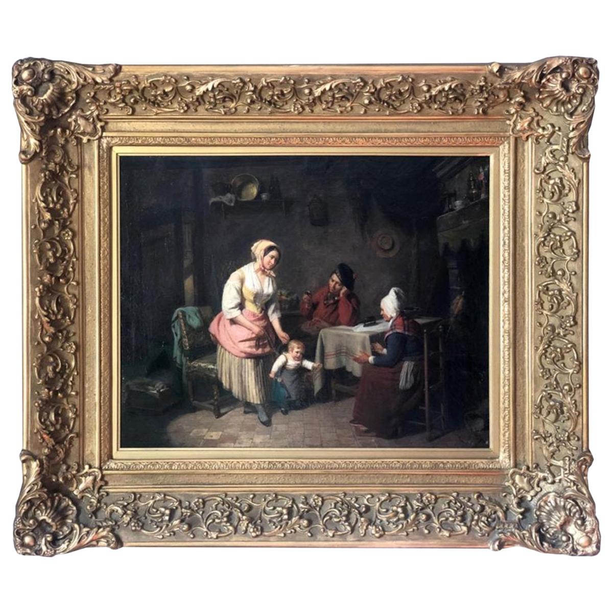 19th Century Painting Interior Scene by Pierre Duval Le Camus For Sale