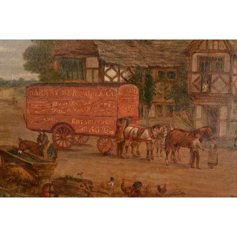 This is a beautiful painting of one of John Charles Maggs' most popular subjects.

It depicts a coaching inn with in the foreground a horse drawn carriage inscribed with the name of the Victorian furniture removals and storage company, Barnby Bendal