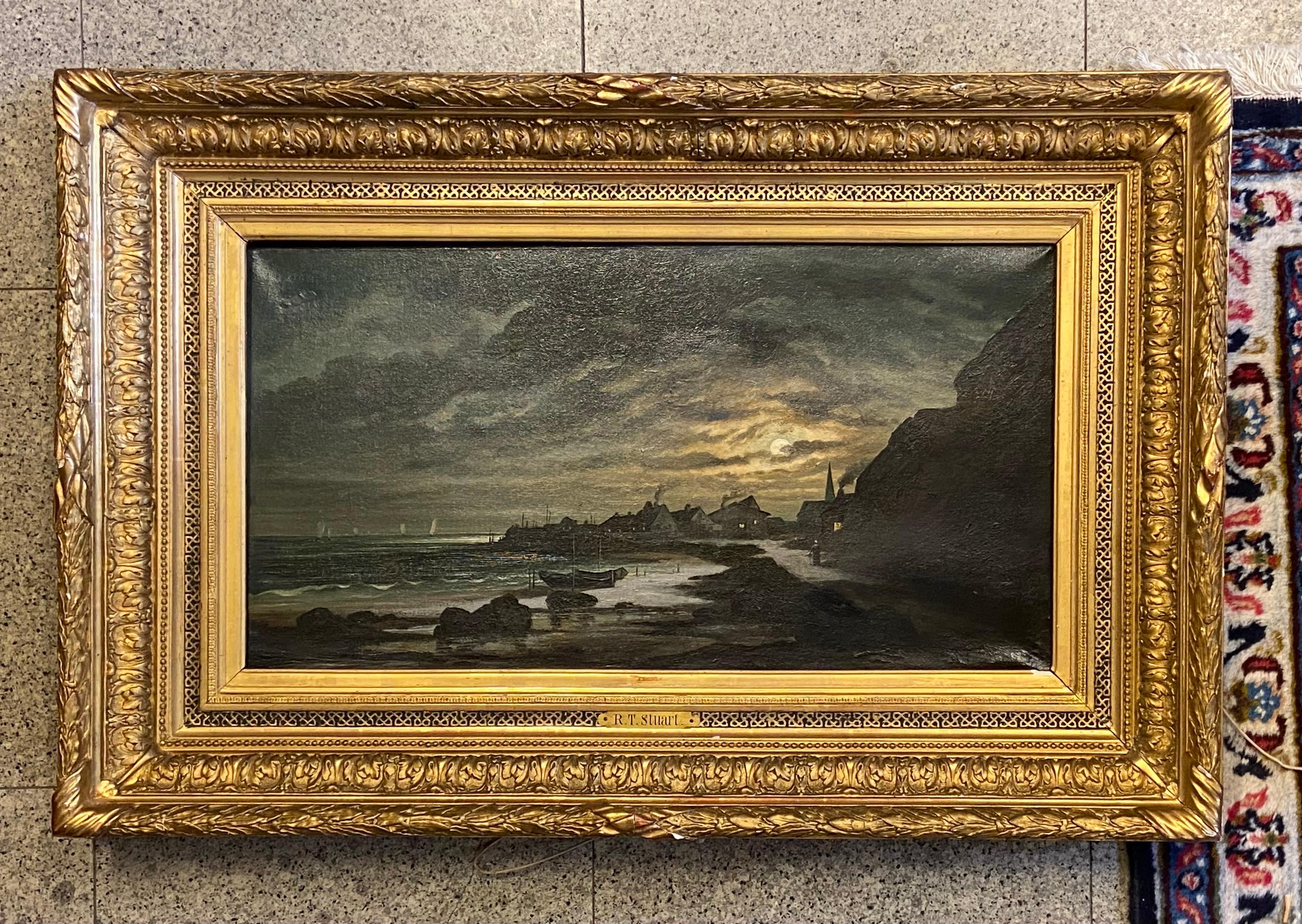« Moonlight », huile sur toile, XIXe siècle par R. T. Stuart.
Le tableau est en bon état, pour signaler quelques anciennes restaurations sur la toile. Le cadre d'origine en bois et stuc doré est présenté dans une belle patine d'origine, pour mettre