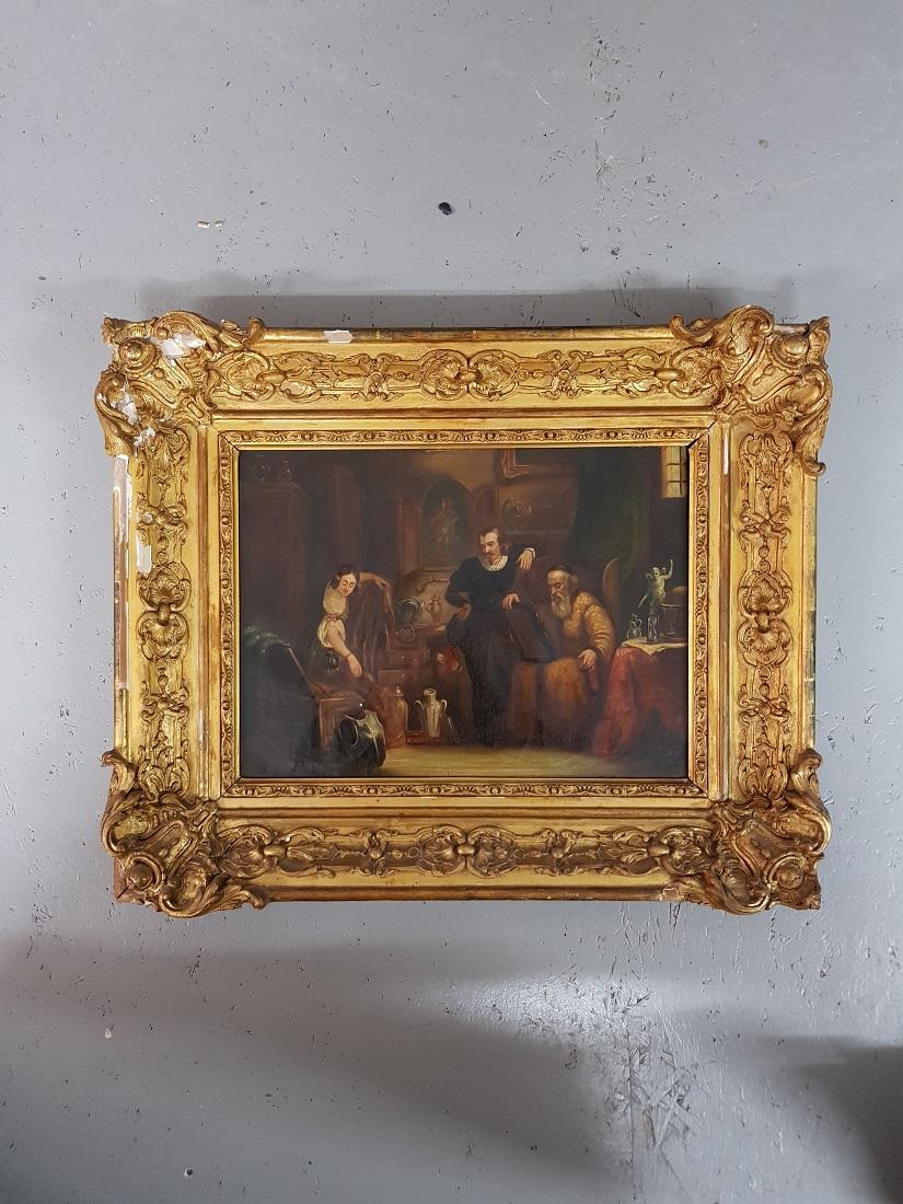 19th century oil painting on canvas signed lower right François M.J. Delporte (1843-1886) with the presentation of an antique appraiser/dealer or notary for recording or appraising a household item with the next of kin. There is a lot to see on this