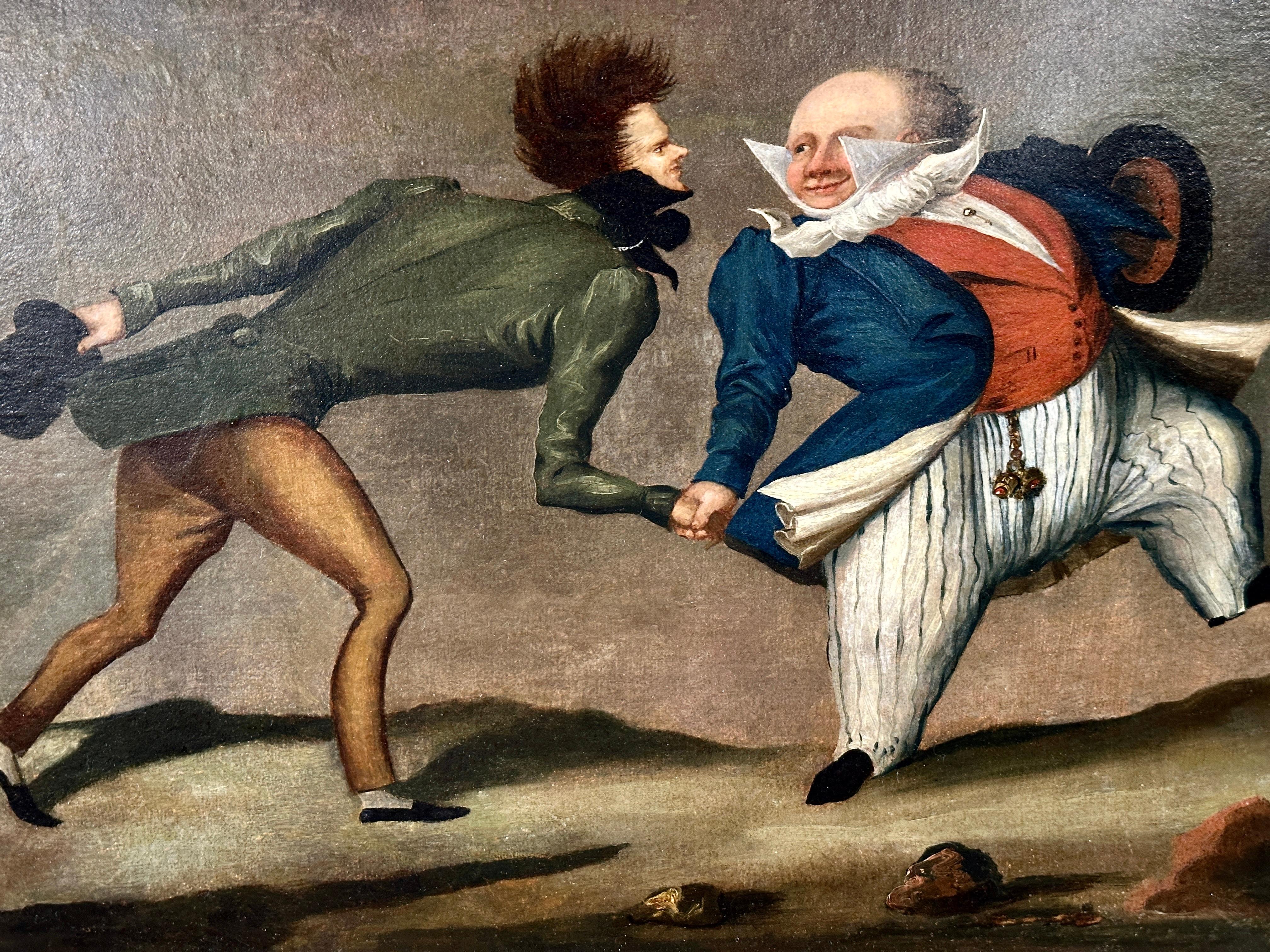 A whimsical painting of a pickpocket attempting to pick a gentleman's pocket. Likely European, definitely 19th century the painting appears to have been relined and touched up in the past. The frame appears newer, perhaps added when the painting was